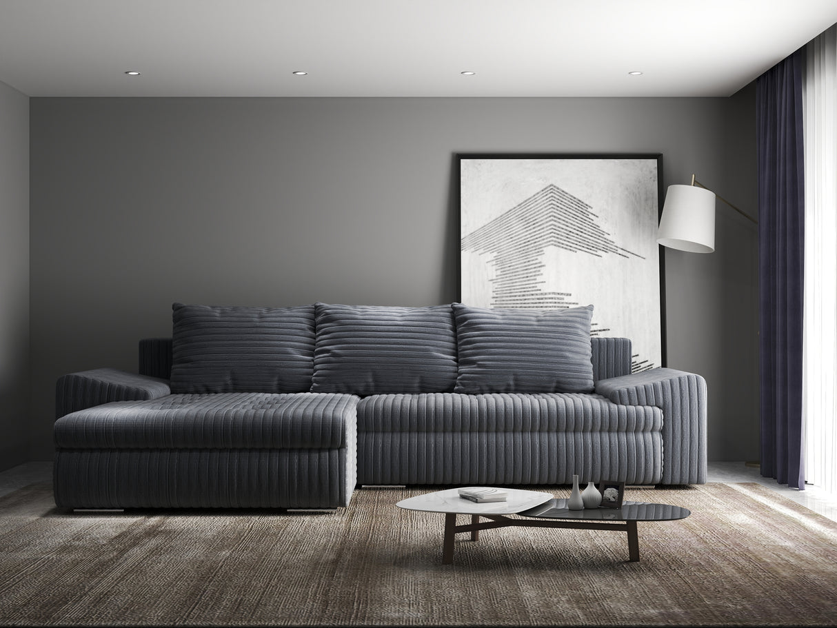 Colțar extensibil dumonde cu ladă de depozitare si sezut confortabil din spuma HR, Leonardo Ambience Gri 255x193 cm
