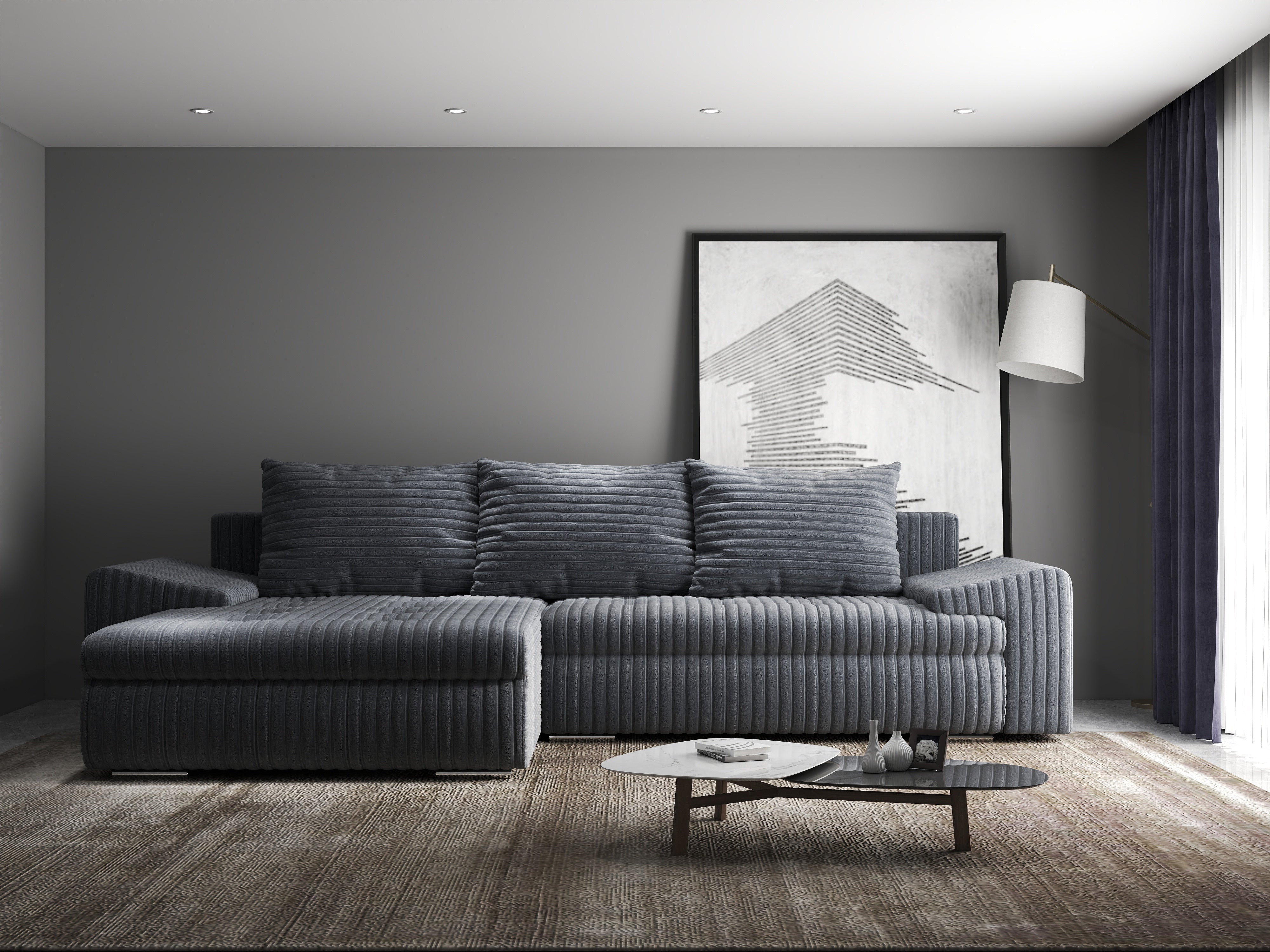 Colțar extensibil dumonde cu ladă de depozitare si sezut confortabil din spuma HR, Leonardo Ambience Gri 255x193 cm Fabrica