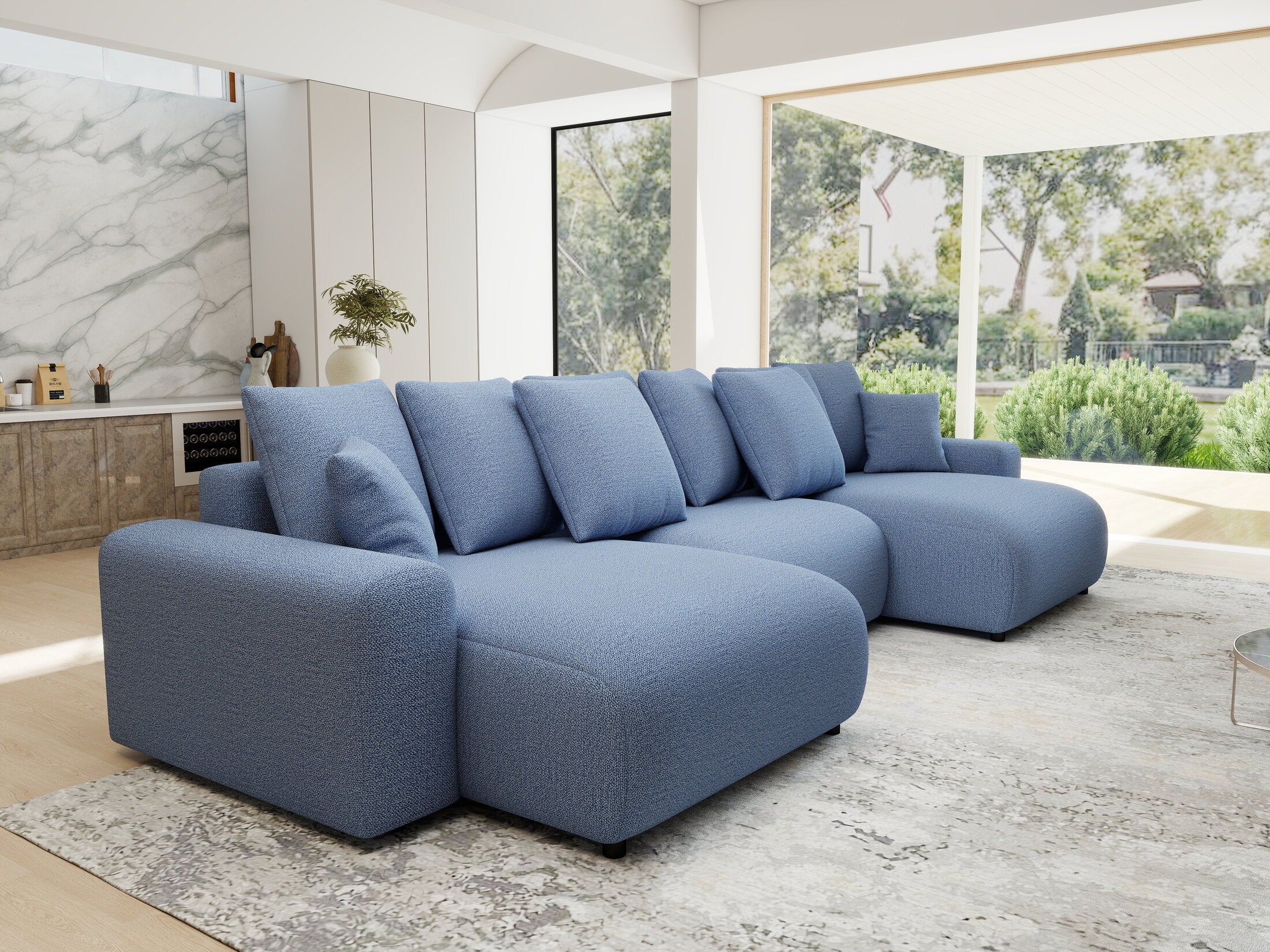 Colțar extensibil dumonde cu ladă de depozitare si sezut confortabil din spuma HR, Luma U Enjoy Albastru 336x140 cm