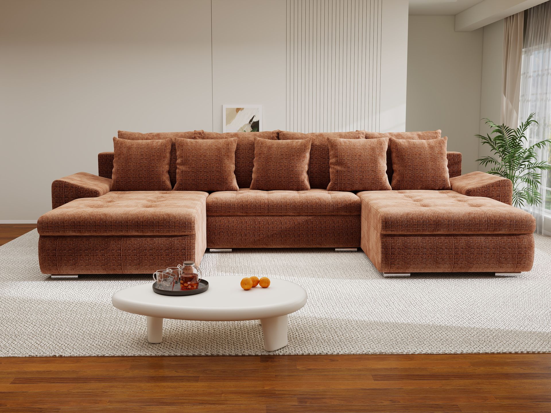 Colțar extensibil dumonde cu ladă de depozitare si sezut confortabil din spuma high-density, Leonardo U Cremona Teracota 52 360x185 cm