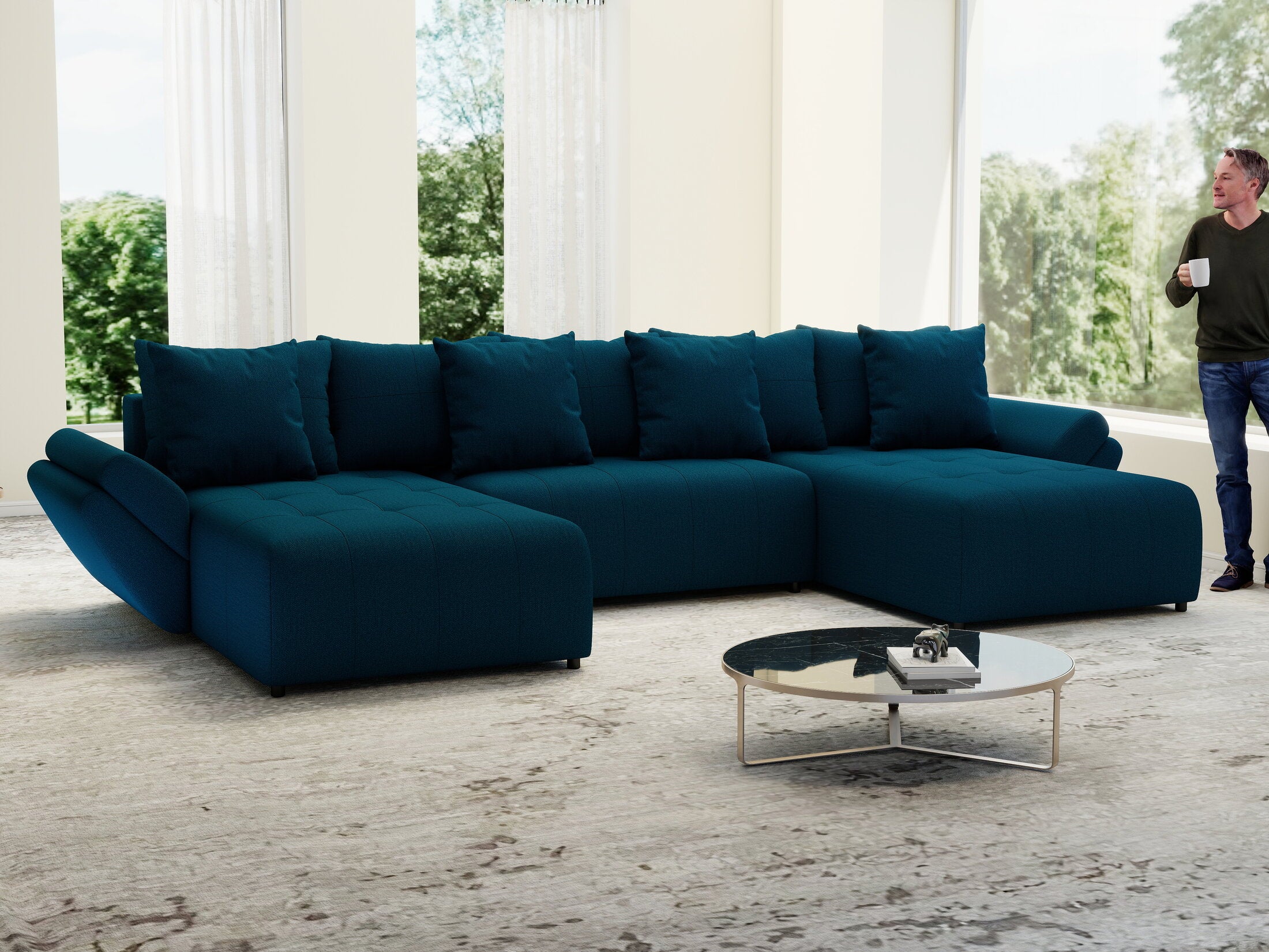 Colțar extensibil dumonde cu ladă de depozitare si sezut confortabil din spuma HR, Berlin U Enjoy Verde Petrol 380x180 cm