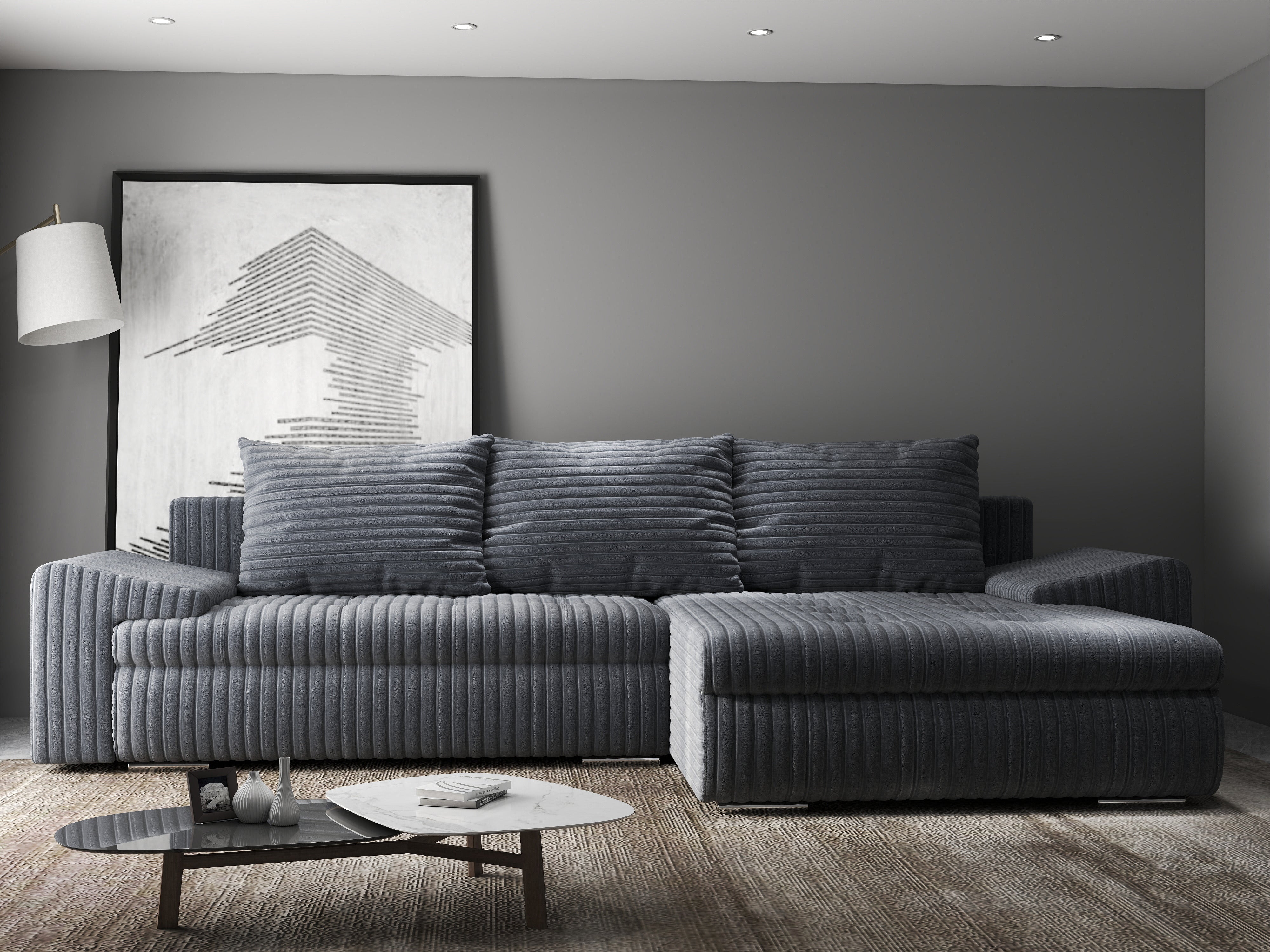 Colțar extensibil dumonde cu ladă de depozitare si sezut confortabil din spuma HR, Leonardo Ambience Gri 255x193 cm II Fabrica