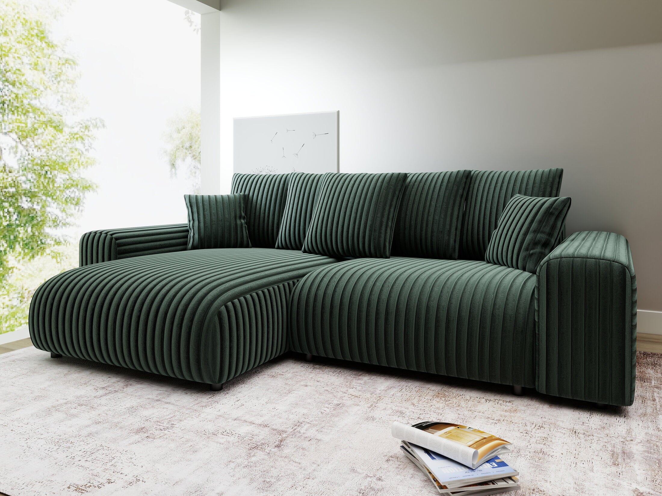 Colțar extensibil dumonde cu ladă de depozitare și șezut confortabil din spumă HR, Luma Ambience Verde 255x168 cm