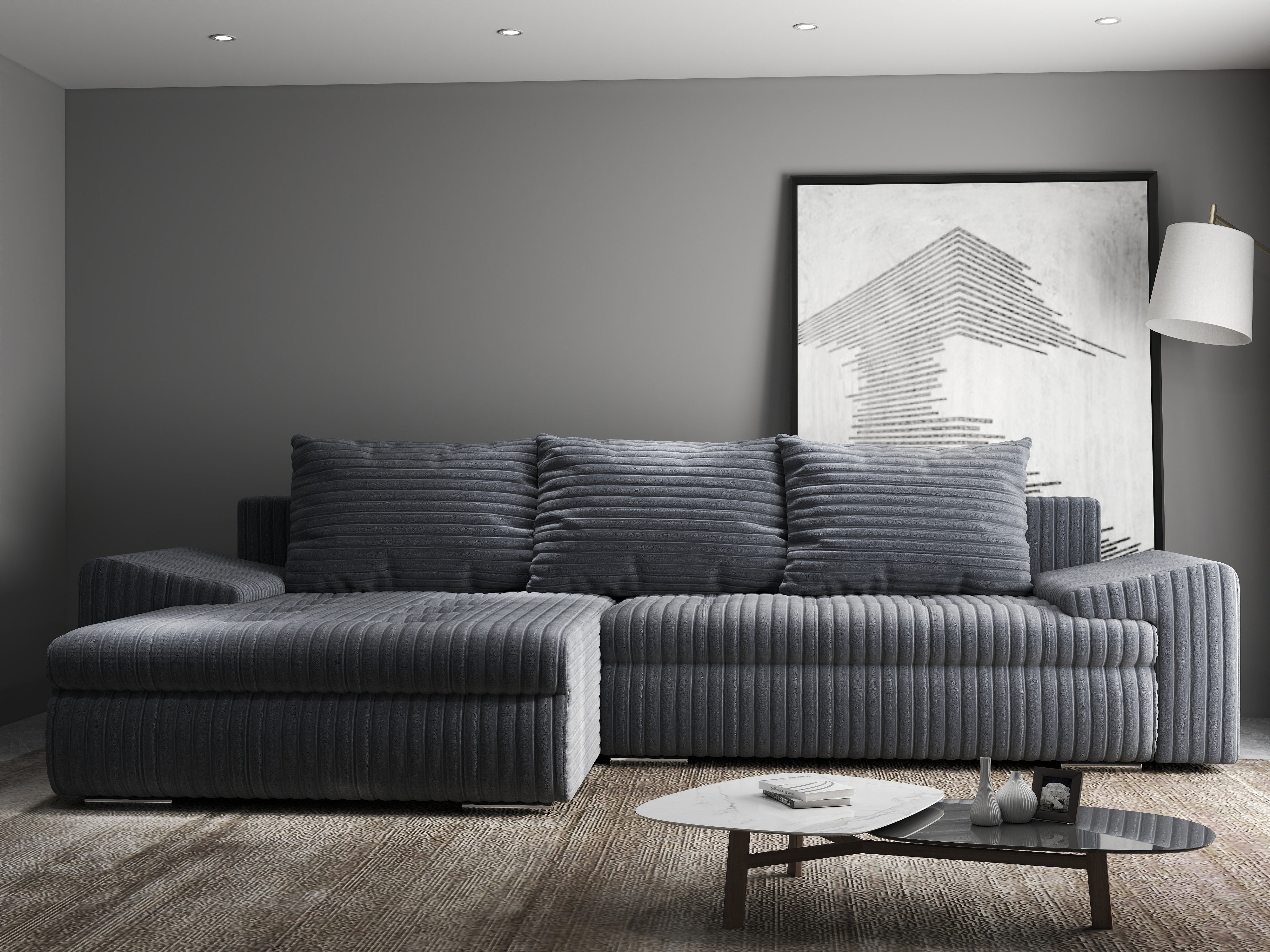 Colțar extensibil dumonde cu ladă de depozitare si sezut confortabil din spuma HR, Leonardo Ambience Gri 255x193 cm Fabrica