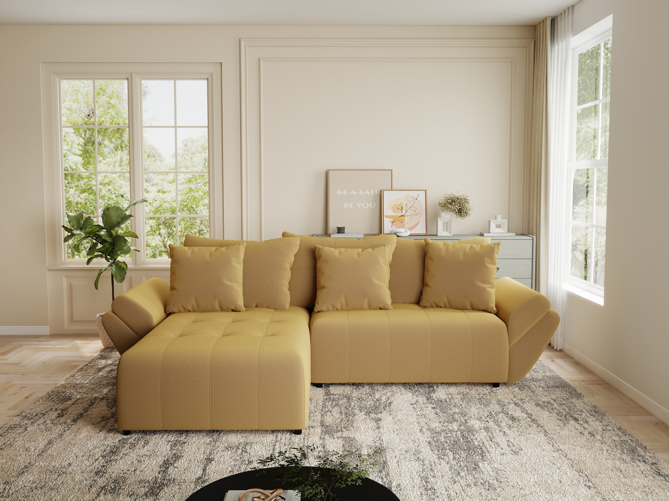 Colțar extensibil dumonde cu ladă de depozitare si sezut confortabil din spuma HR, Berlin Royal Galben Mustar 280x185 cm