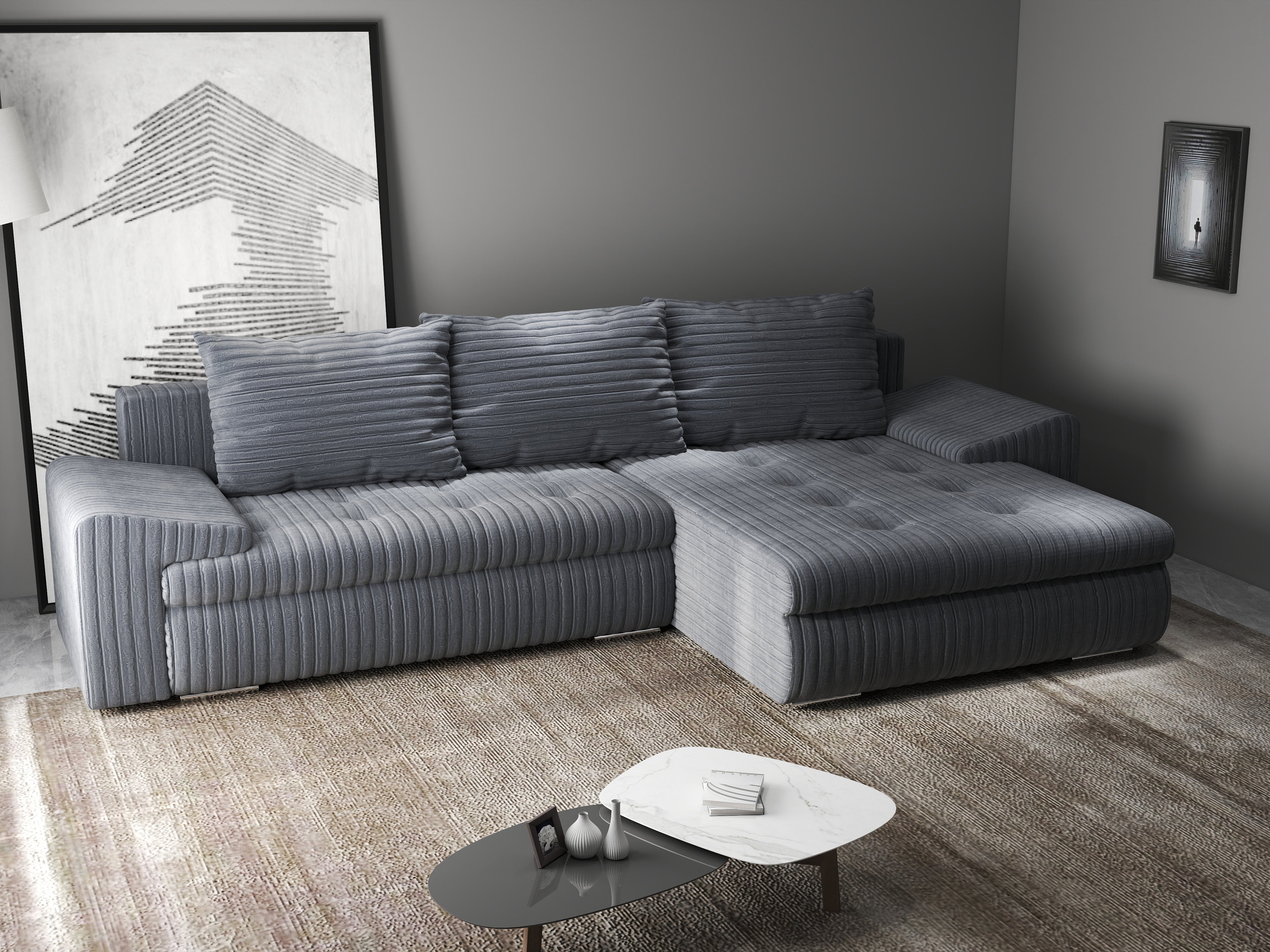 Colțar extensibil dumonde cu ladă de depozitare si sezut confortabil din spuma HR, Leonardo Ambience Gri 255x193 cm II Fabrica