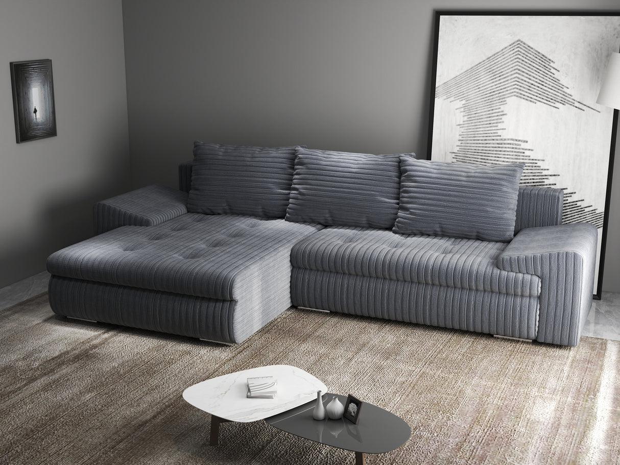 Colțar extensibil dumonde cu ladă de depozitare si sezut confortabil din spuma HR, Leonardo Ambience Gri 255x193 cm