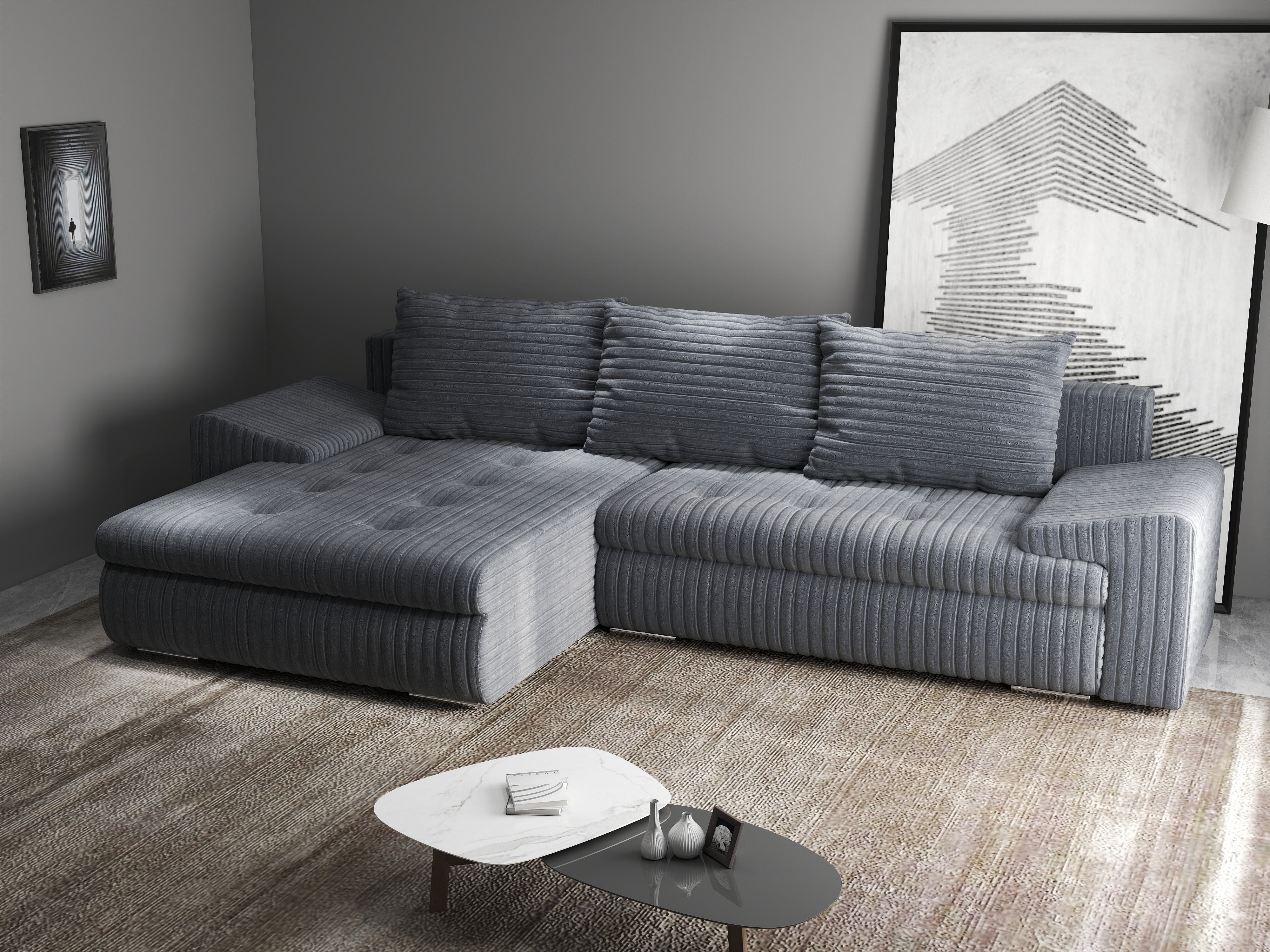 Colțar extensibil dumonde cu ladă de depozitare si sezut confortabil din spuma HR, Leonardo Ambience Gri 255x193 cm Fabrica