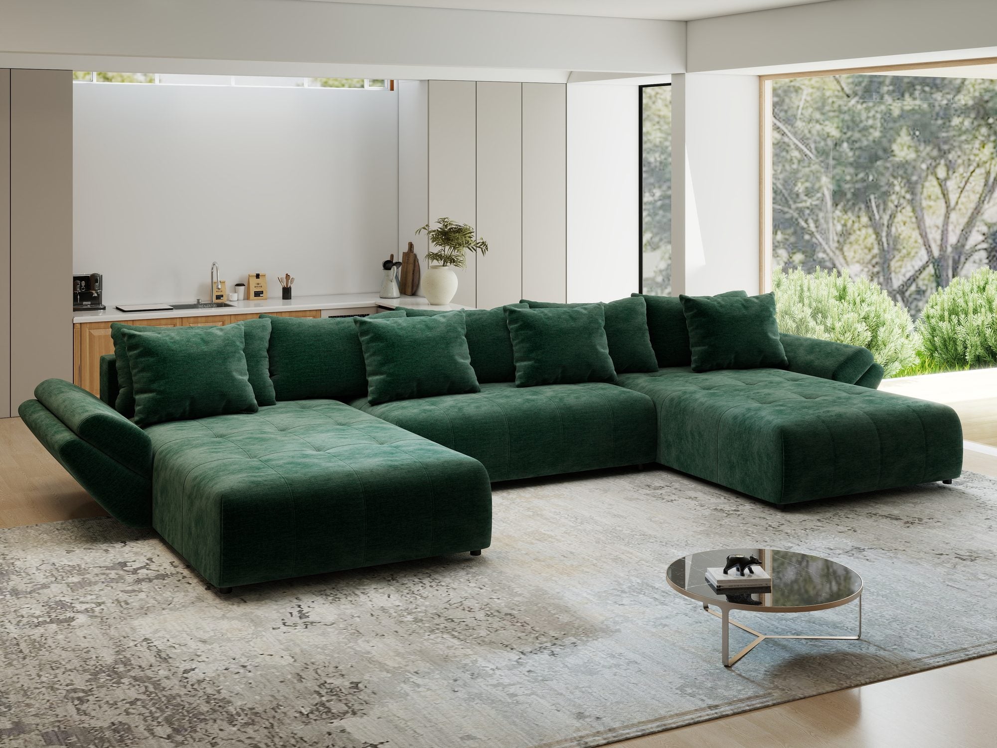Colțar extensibil dumonde cu ladă de depozitare si sezut confortabil din spuma high-density, Berlin U Monolith Verde 37 380x180 cm