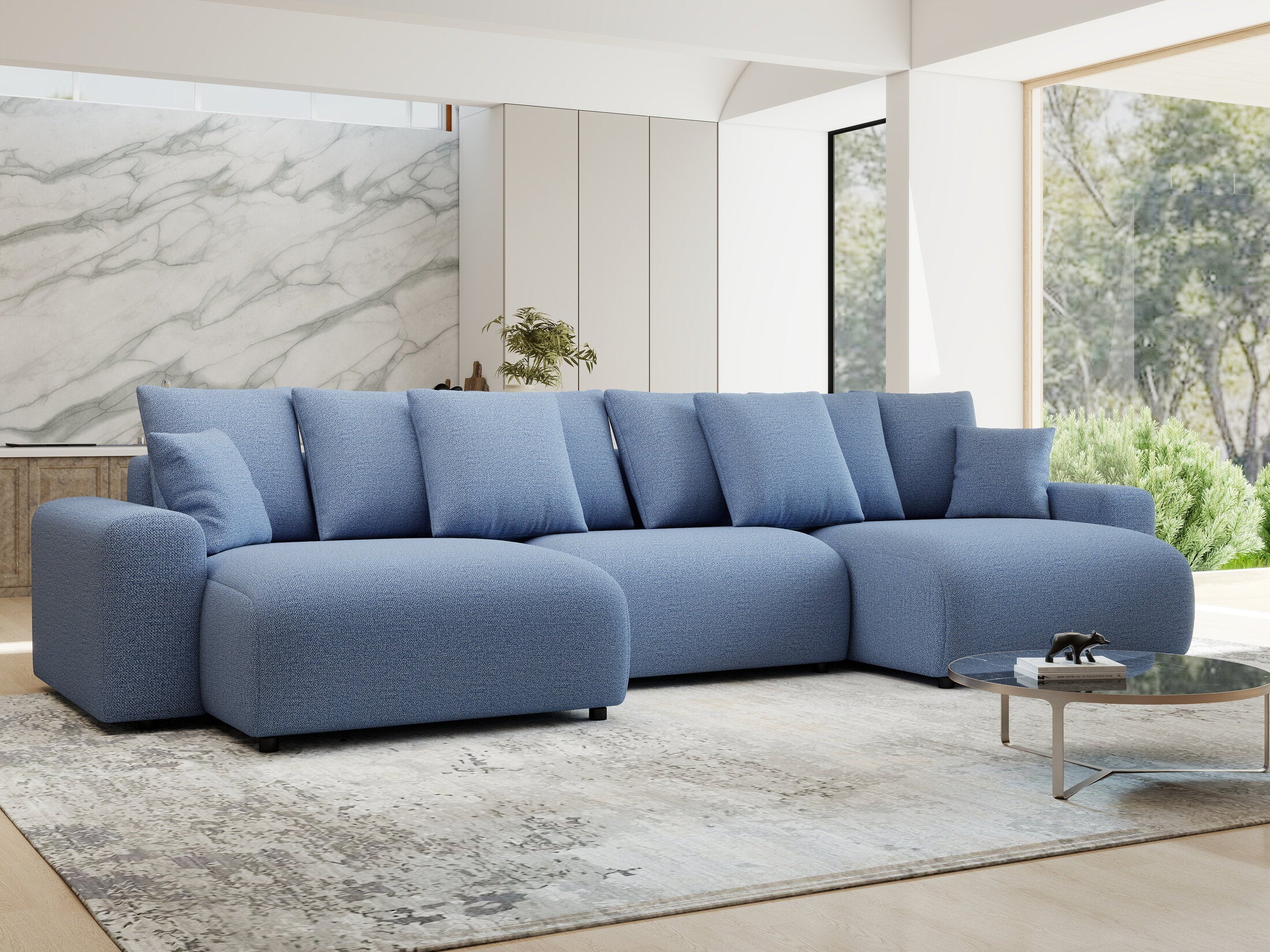 Colțar extensibil dumonde cu ladă de depozitare si sezut confortabil din spuma HR, Luma U Enjoy Albastru 336x140 cm