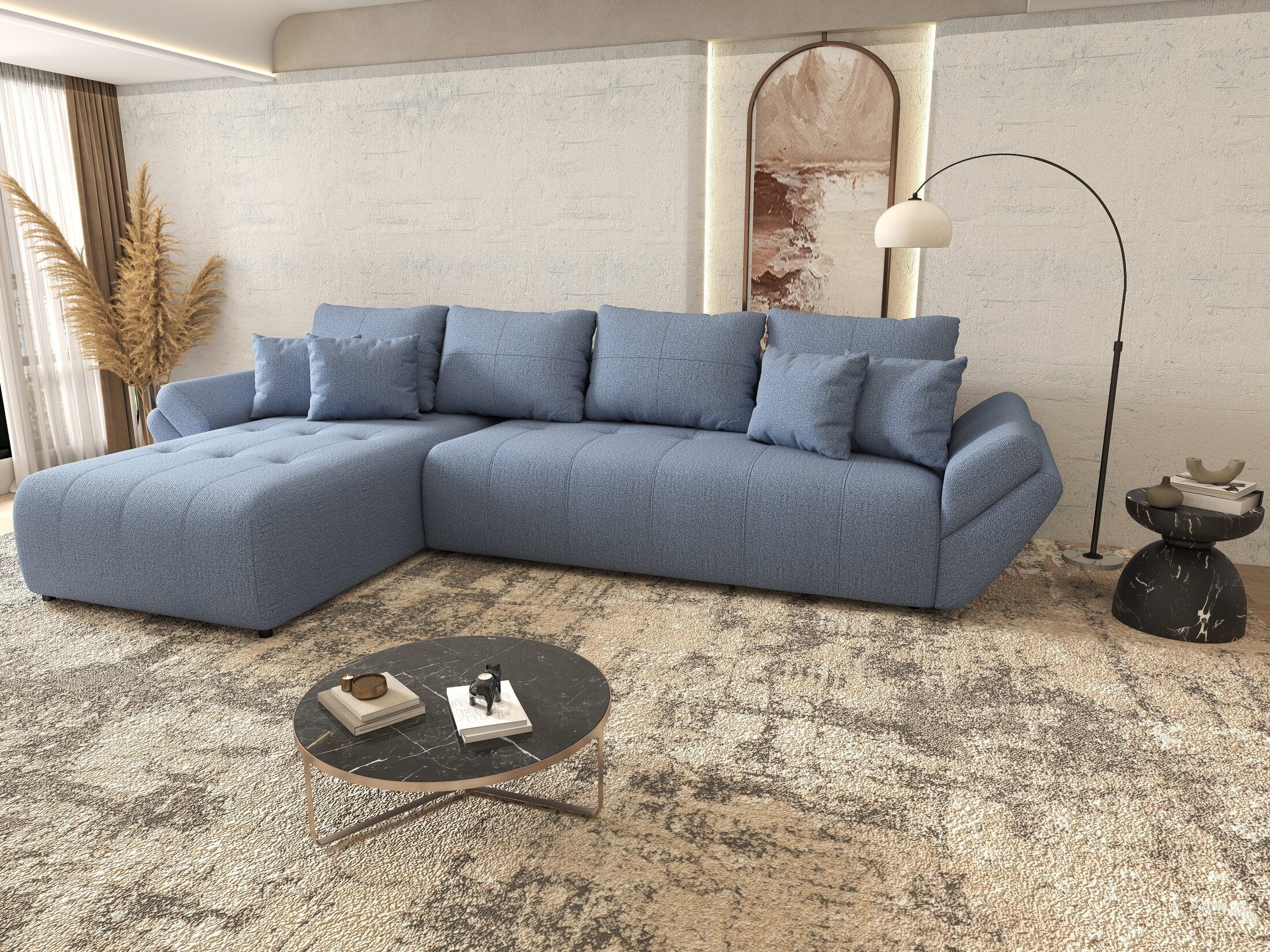 Colțar extensibil dumonde cu ladă de depozitare si sezut confortabil din spuma HR, Berlin XL Enjoy Blue 350x185 cm