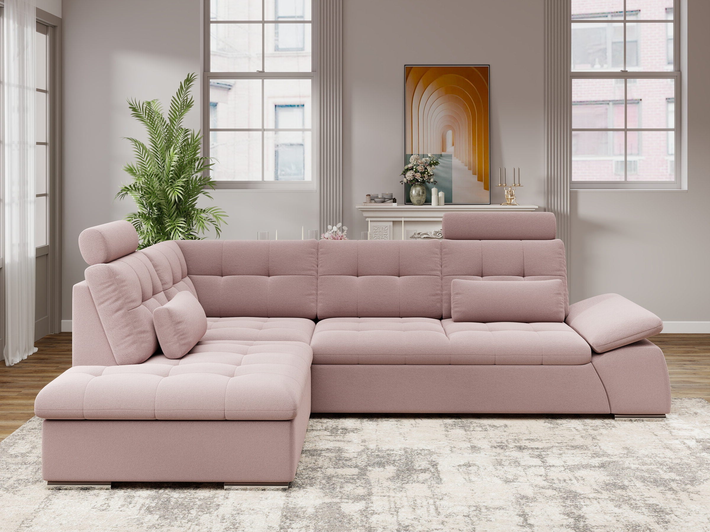 Colțar extensibil dumonde cu ladă de depozitare și șezut confortabil din spumă HR, Merkur XL Royal Roz 256x217 cm