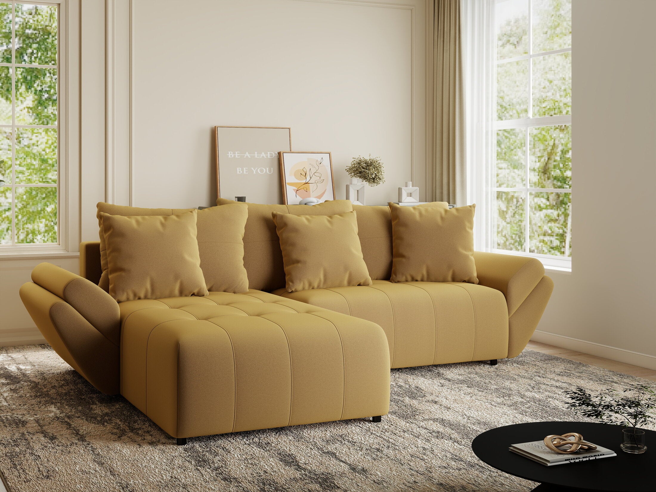 Colțar extensibil dumonde cu ladă de depozitare si sezut confortabil din spuma HR, Berlin Royal Galben Mustar 280x185 cm