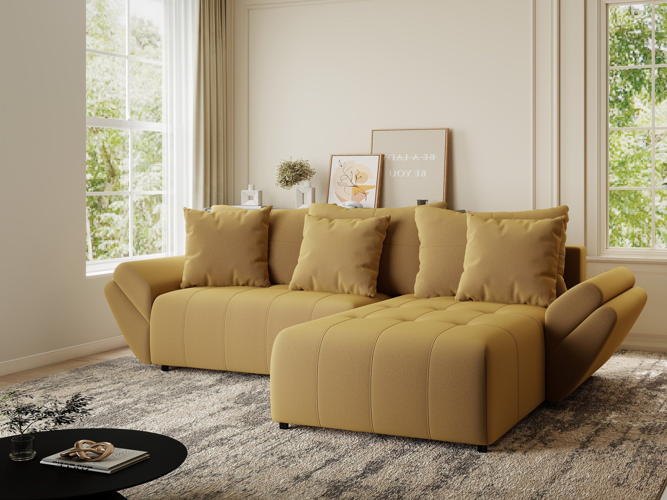 Colțar extensibil dumonde cu ladă de depozitare si sezut confortabil din spuma HR, Berlin Royal Galben Mustar 280x185 cm II