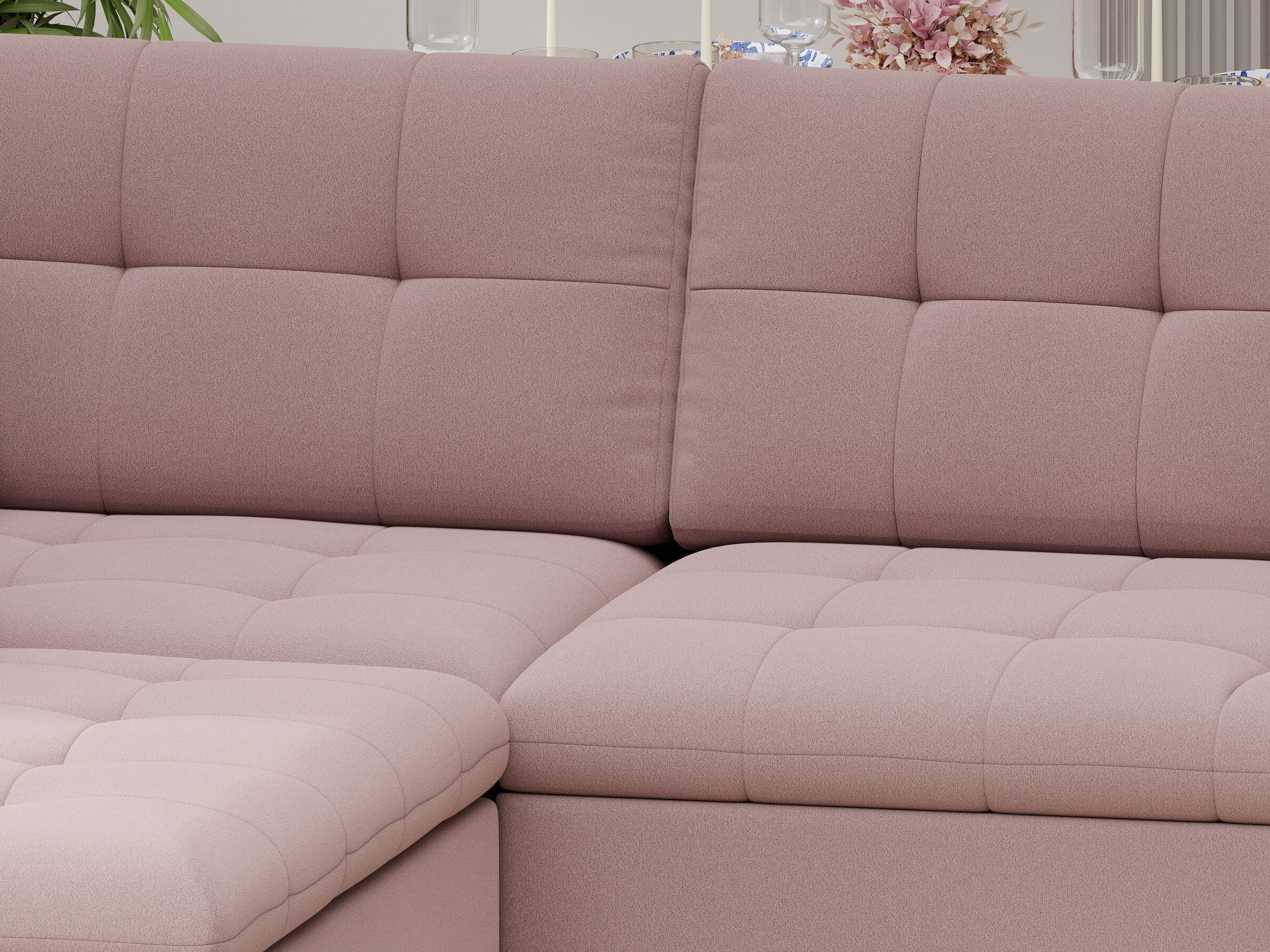 Colțar extensibil dumonde cu ladă de depozitare și șezut confortabil din spumă HR, Merkur XL Royal Roz 256x217 cm