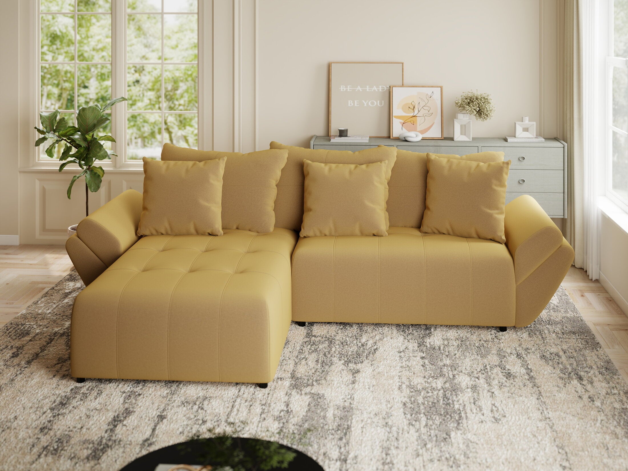 Colțar extensibil dumonde cu ladă de depozitare si sezut confortabil din spuma HR, Berlin Royal Galben Mustar 280x185 cm