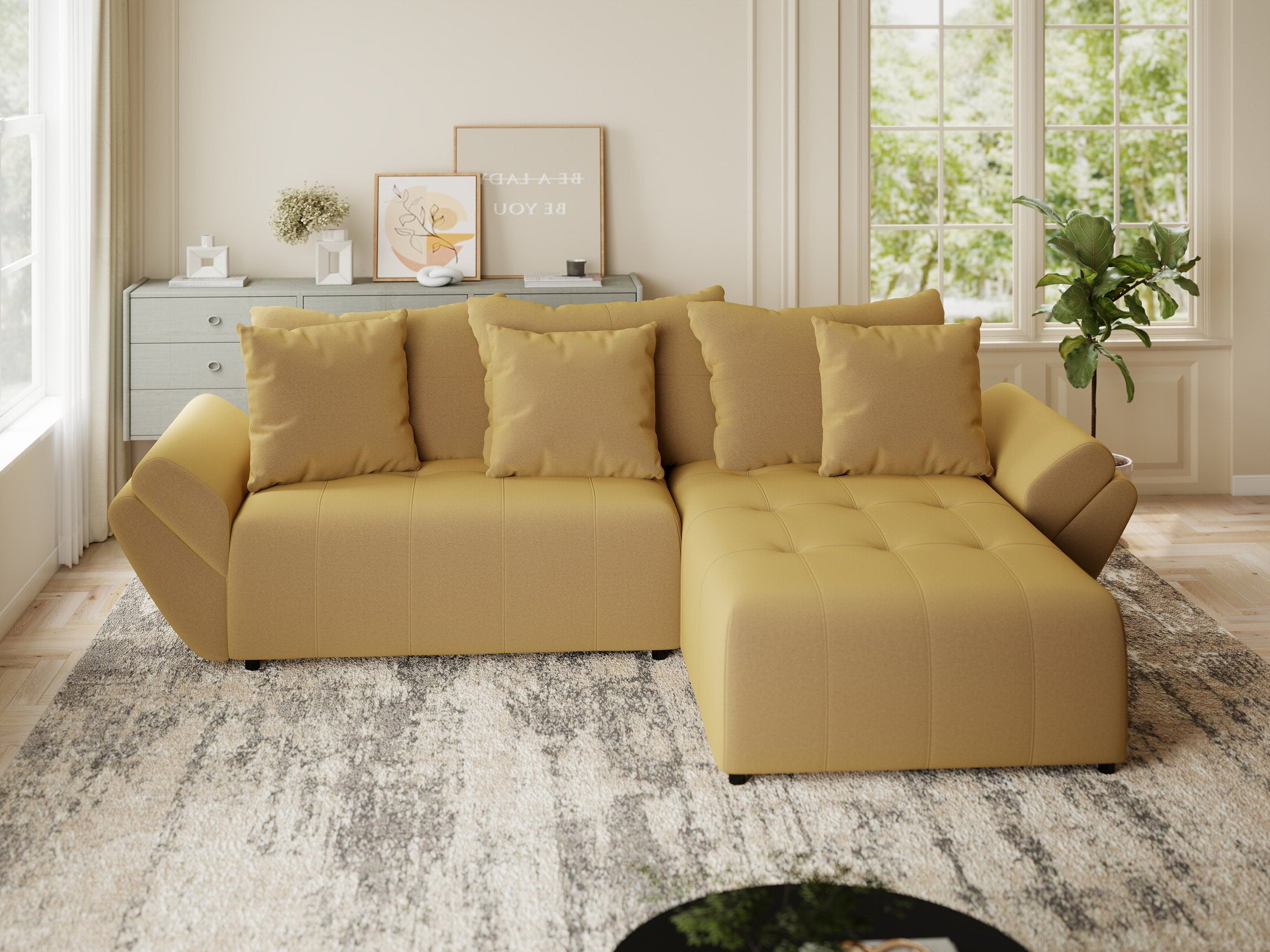 Colțar extensibil dumonde cu ladă de depozitare si sezut confortabil din spuma HR, Berlin Royal Galben Mustar 280x185 cm II