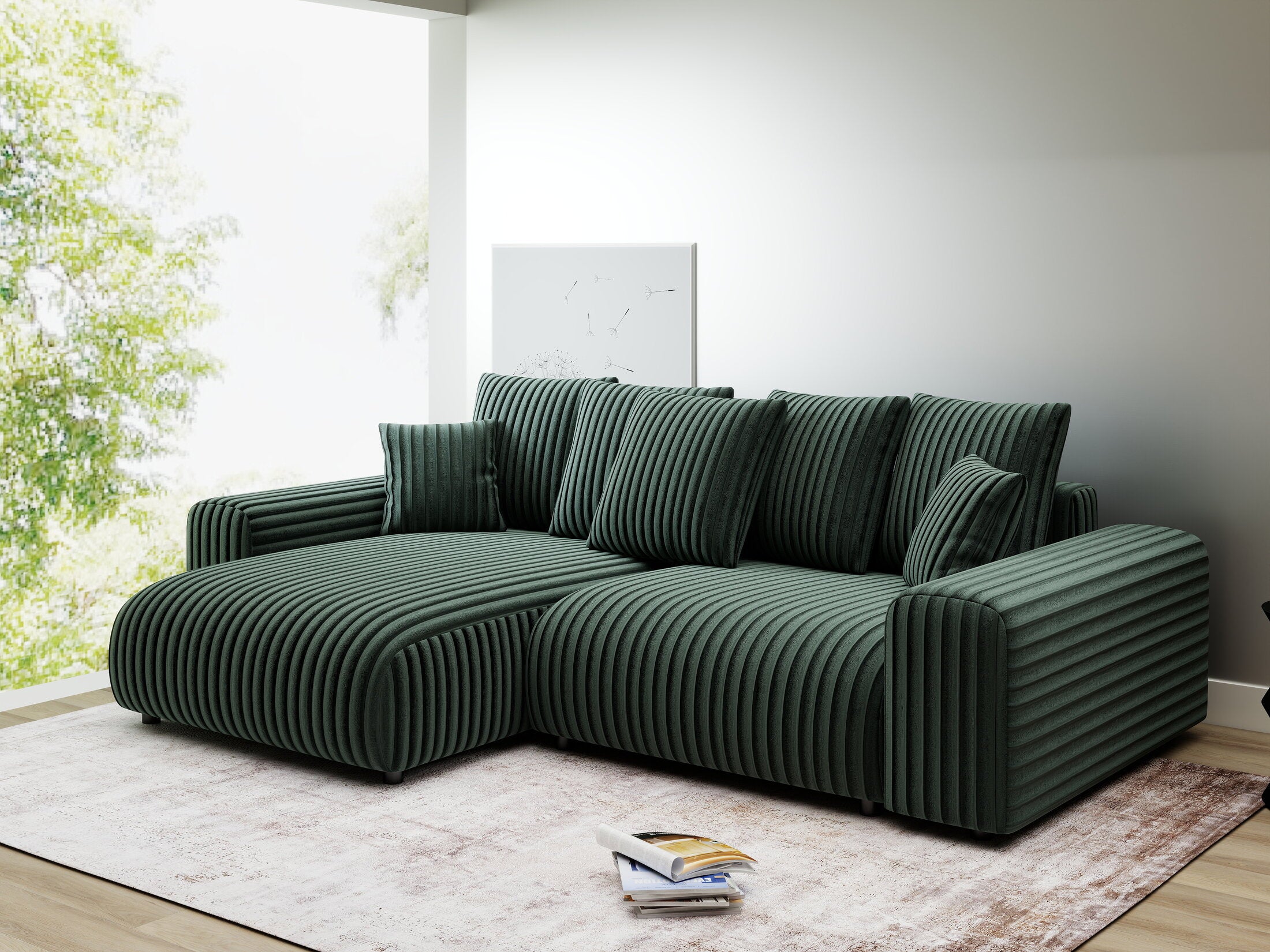 Colțar extensibil dumonde cu ladă de depozitare și șezut confortabil din spumă HR, Luma Ambience Verde 255x168 cm