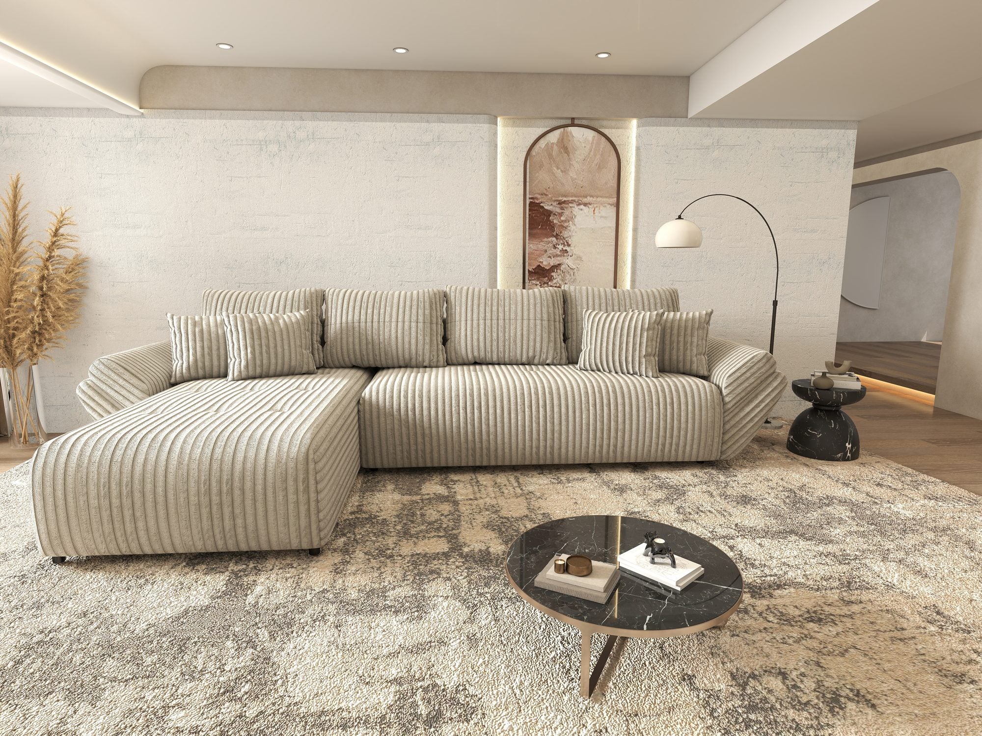 Colțar extensibil dumonde cu ladă de depozitare si sezut confortabil din spuma high-density, Berlin XL Tilia Gri- Bej 11 350x185 cm