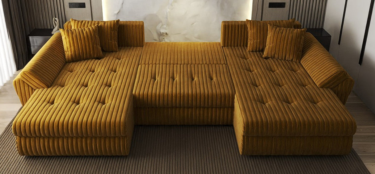 Colțar extensibil dumonde cu ladă de depozitare si sezut confortabil din spuma HR, Loana U Mustar Ambience 355x185 cm Fabrica