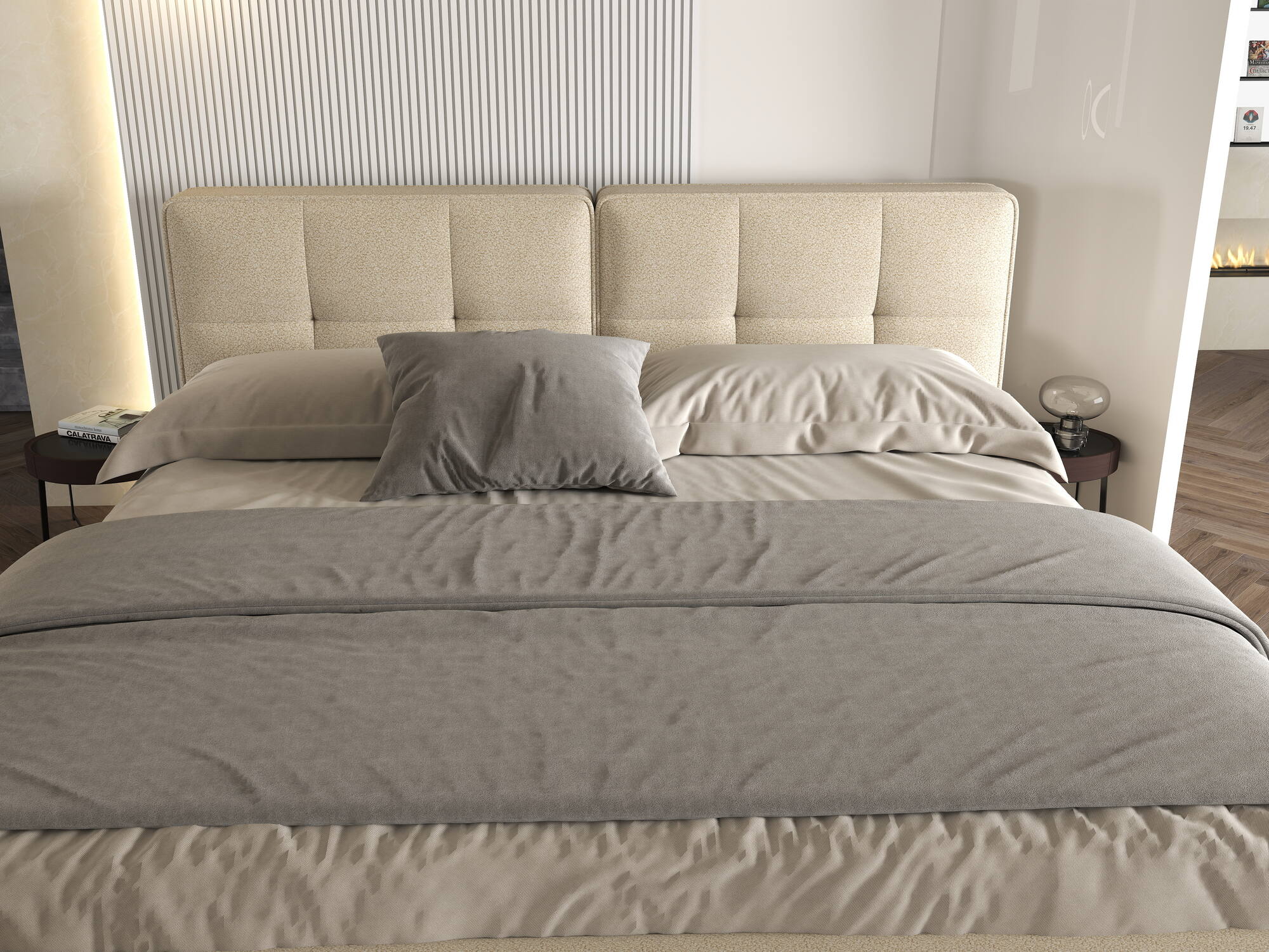 Pat dormitor dumonde, tapitat bej, Vegas 180x200 cm, somiera rabatabila inclusa, spatiu depozitare