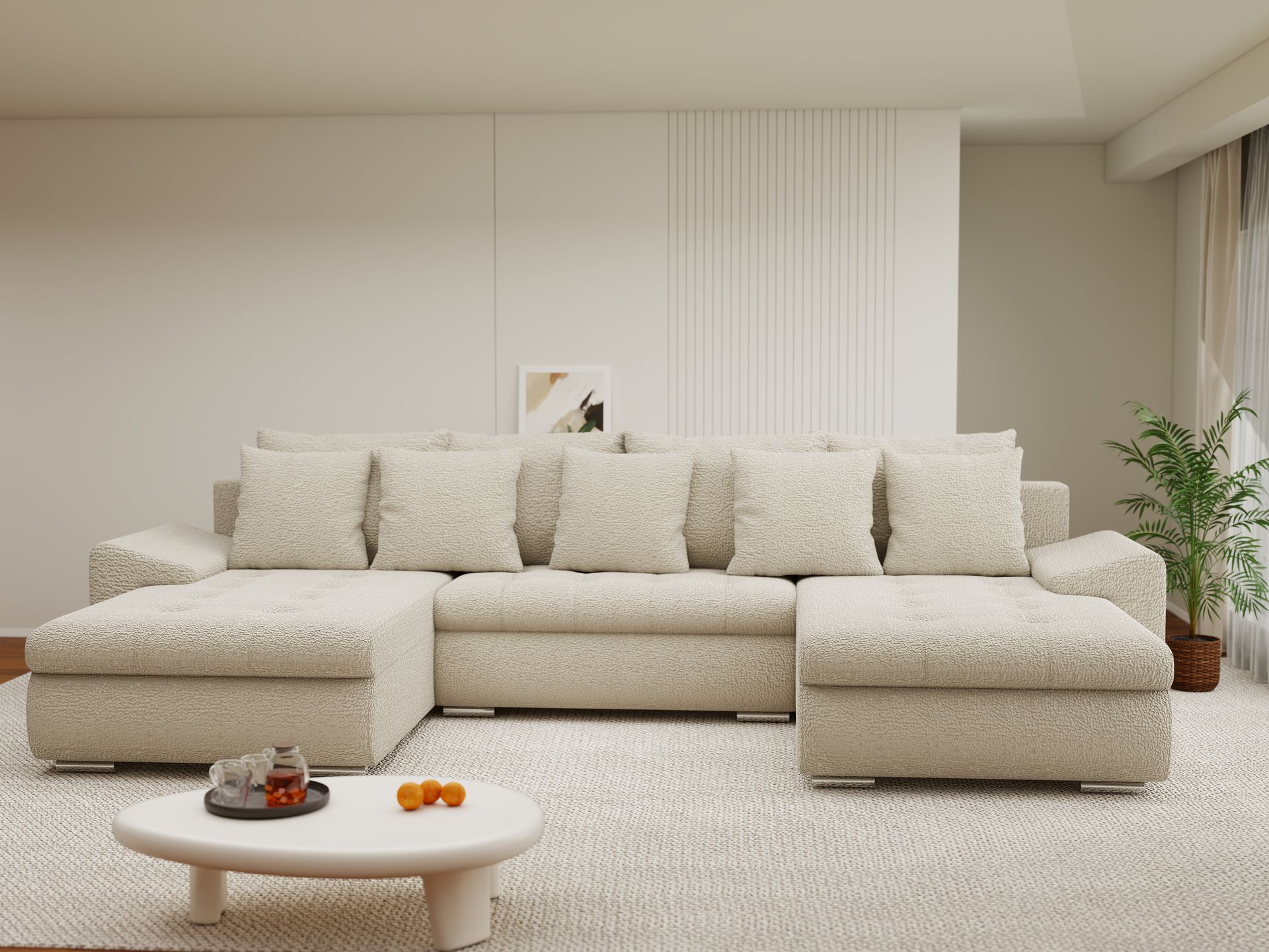 Colțar extensibil dumonde cu ladă de depozitare si sezut confortabil din spuma high-density, Leonardo U Jaguar Bej 04 360x185 cm