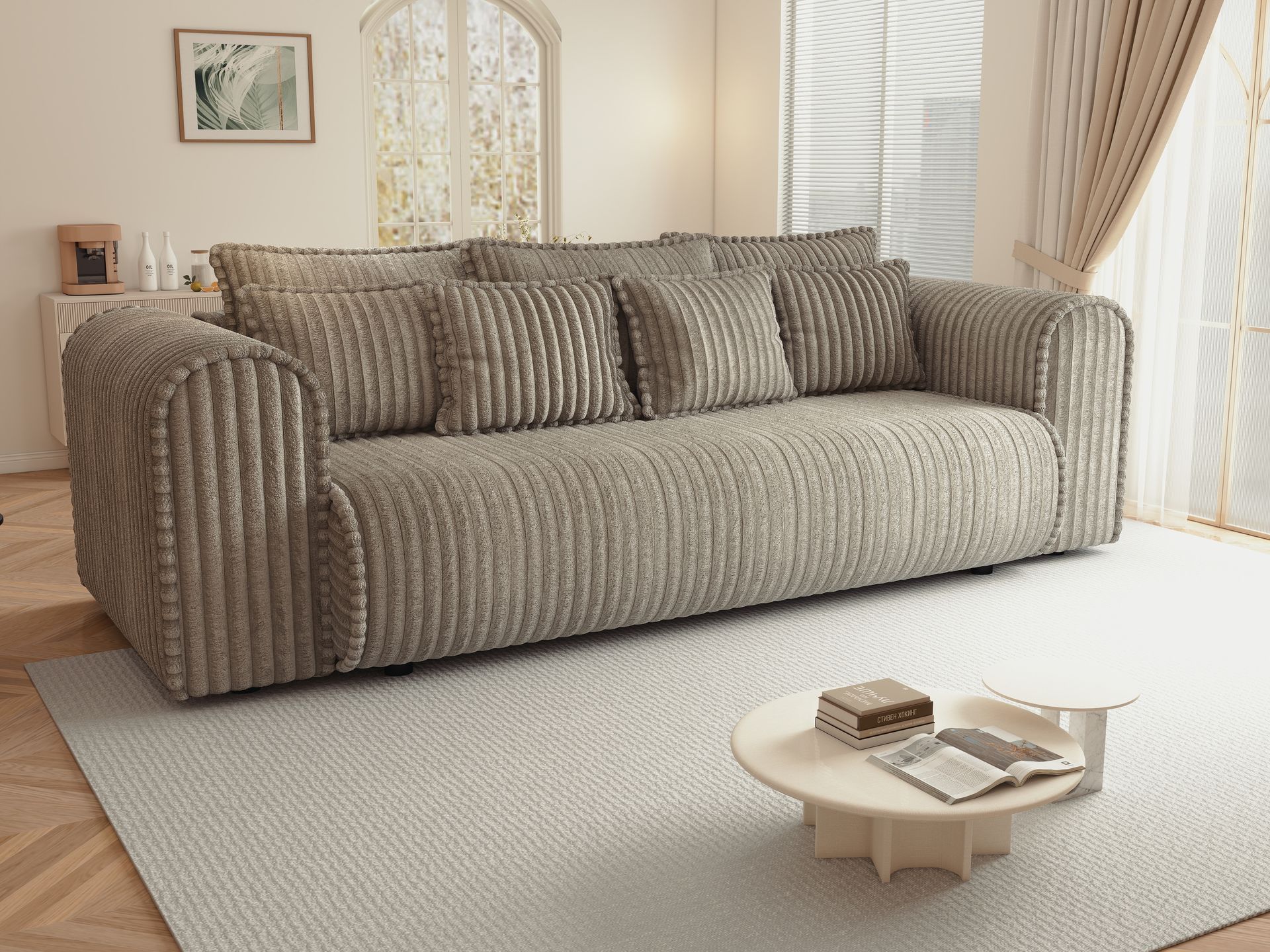 Canapea extensibilă dumonde cu ladă de depozitare si sezut confortabil din spuma high-density, Monaco Mica Tilia Capucino 240x100 cm