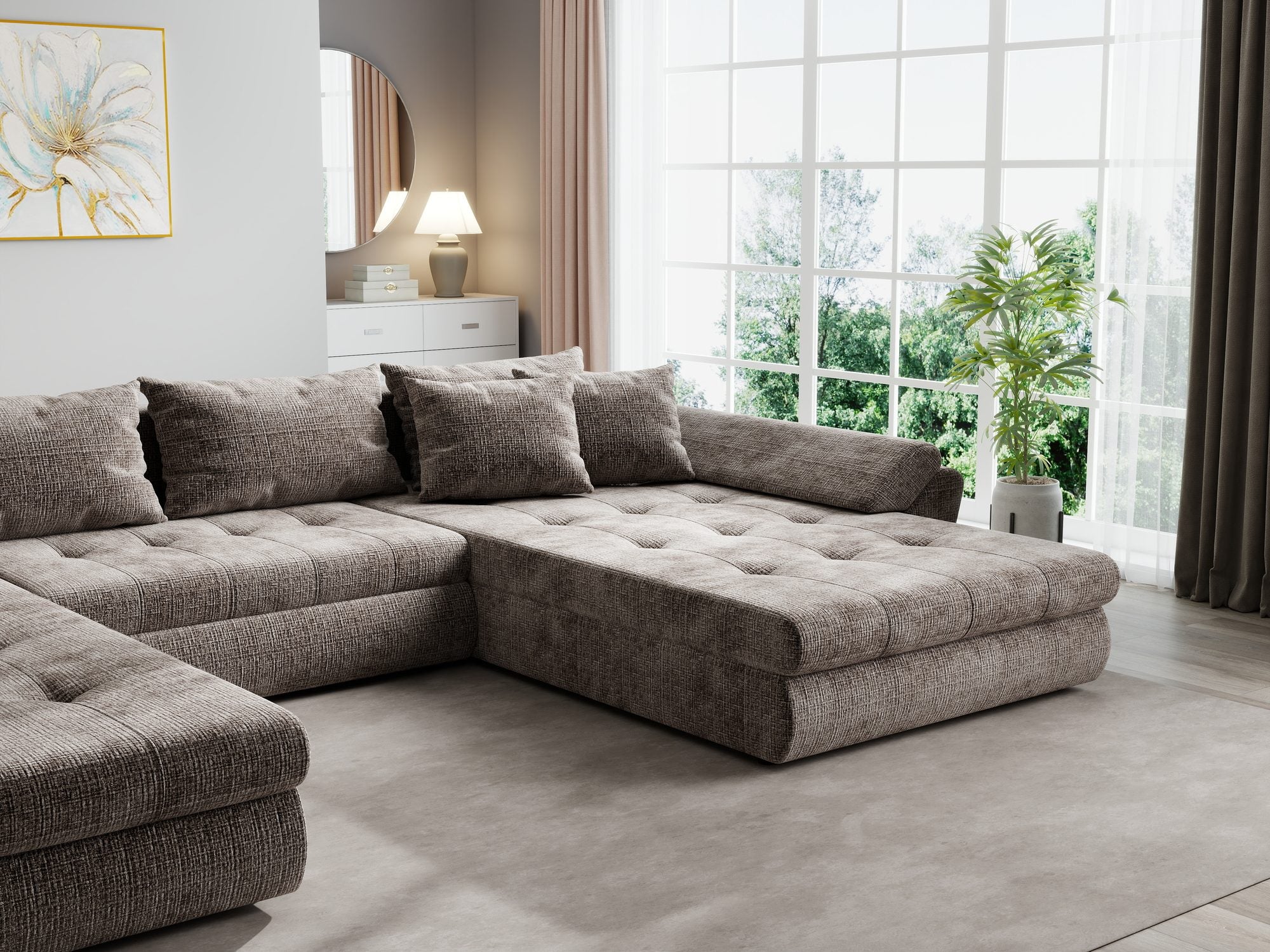 Colțar extensibil dumonde cu ladă de depozitare si sezut confortabil din spuma high-density, Loana U Cremona Maro-bej 24 355x185 cm