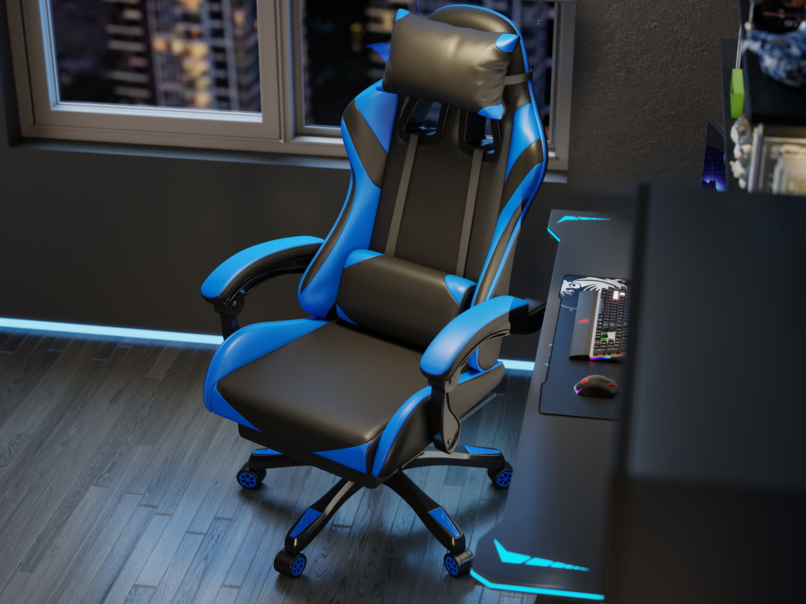 Scaun gaming Dumonde PREDATOR, mecanism multifuncțional, ecopiele, suport picioare, albastru/negru