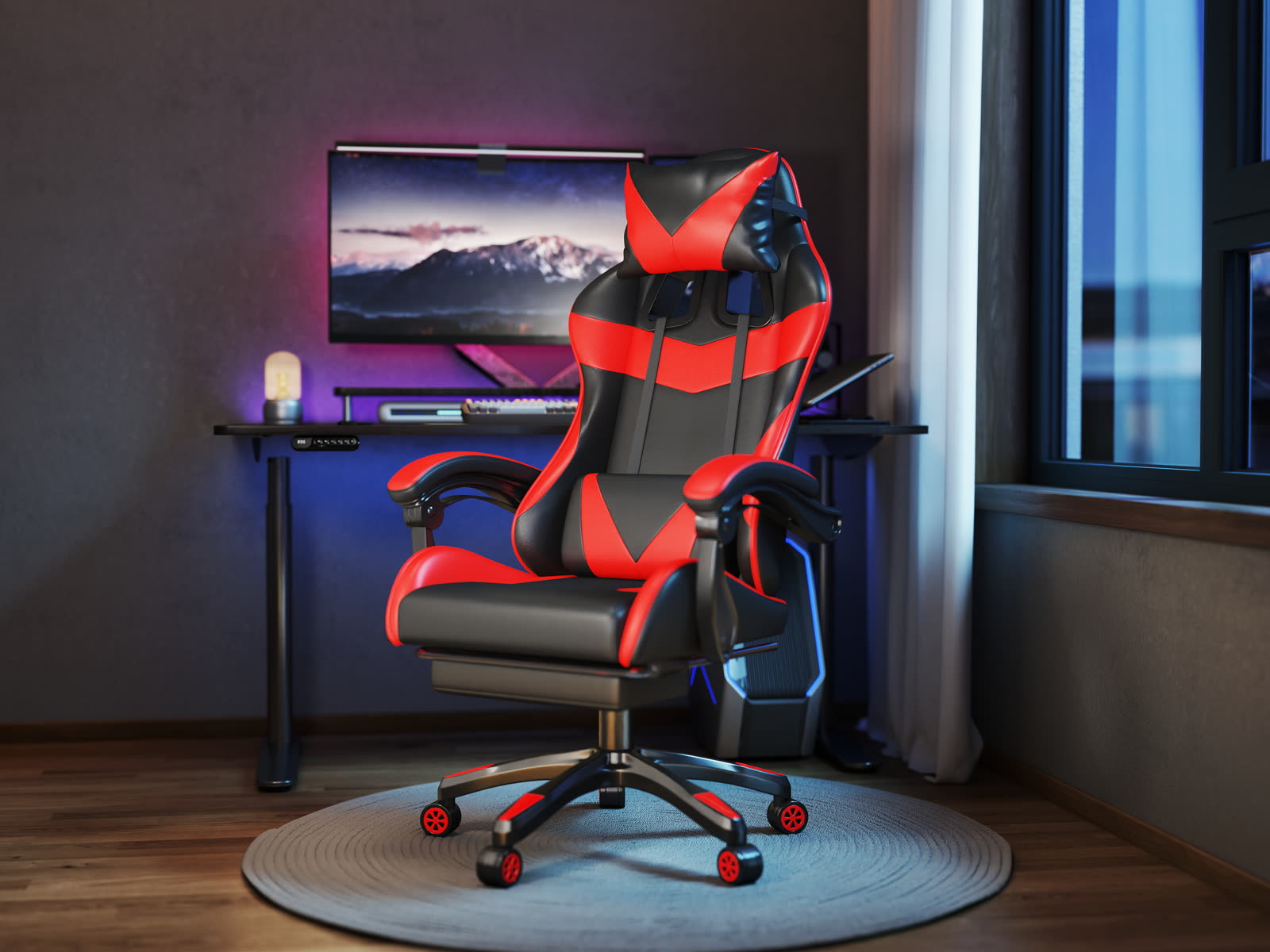 Scaun gaming Dumonde RIFT, mecanism multifuncțional, ecopiele, suport picioare, rosu/negru