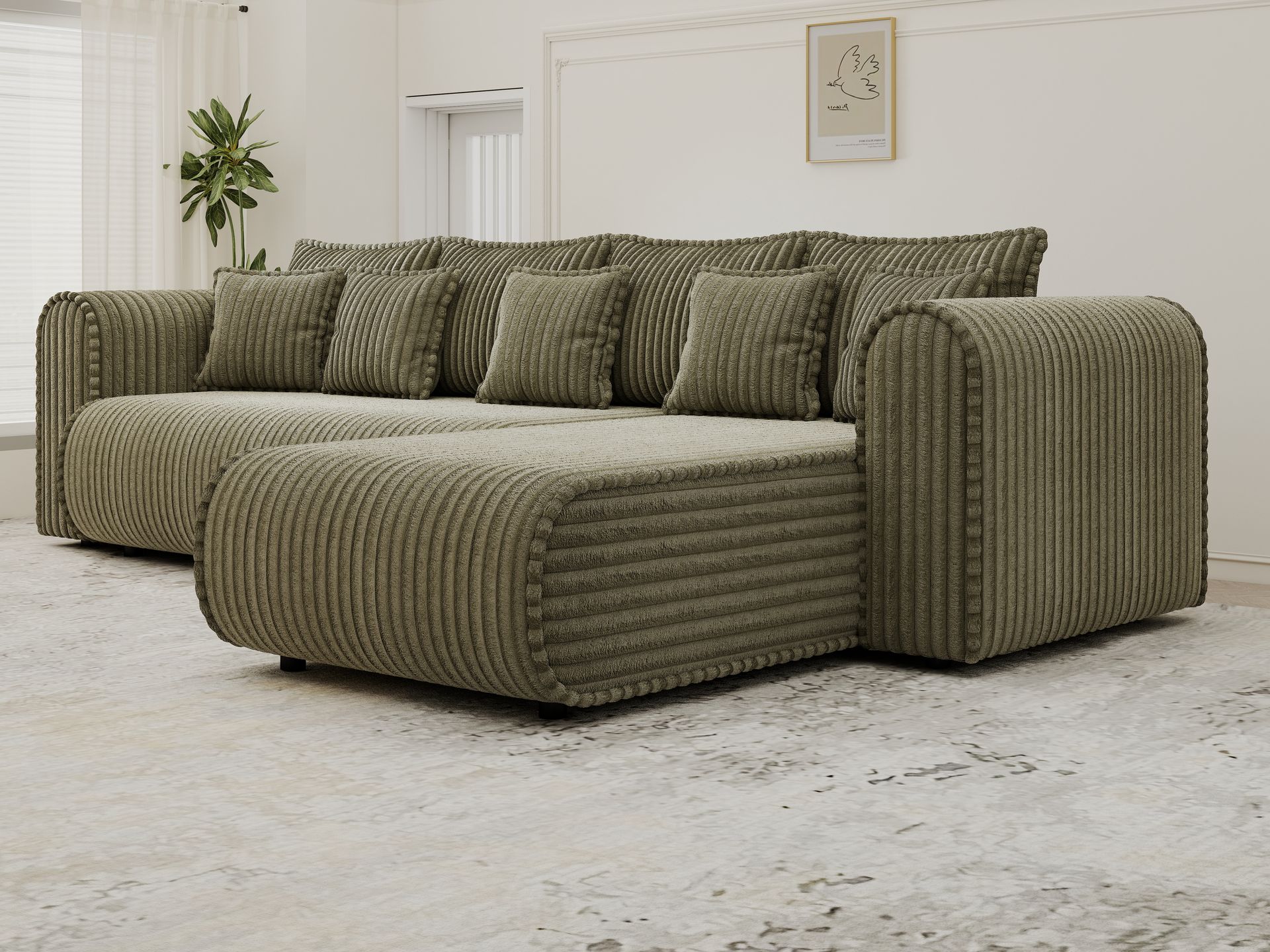 Colțar extensibil dumonde cu ladă de depozitare si sezut confortabil din spuma high-density, Monaco XL Tilia Olive II 340x185 cm