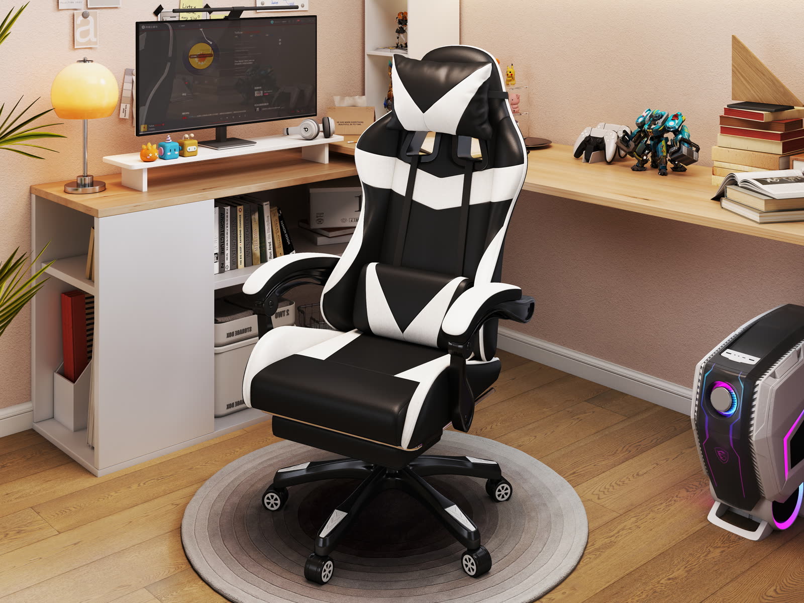 Scaun gaming Dumonde HELLION, mecanism multifuncțional, ecopiele, suport picioare, alb/negru