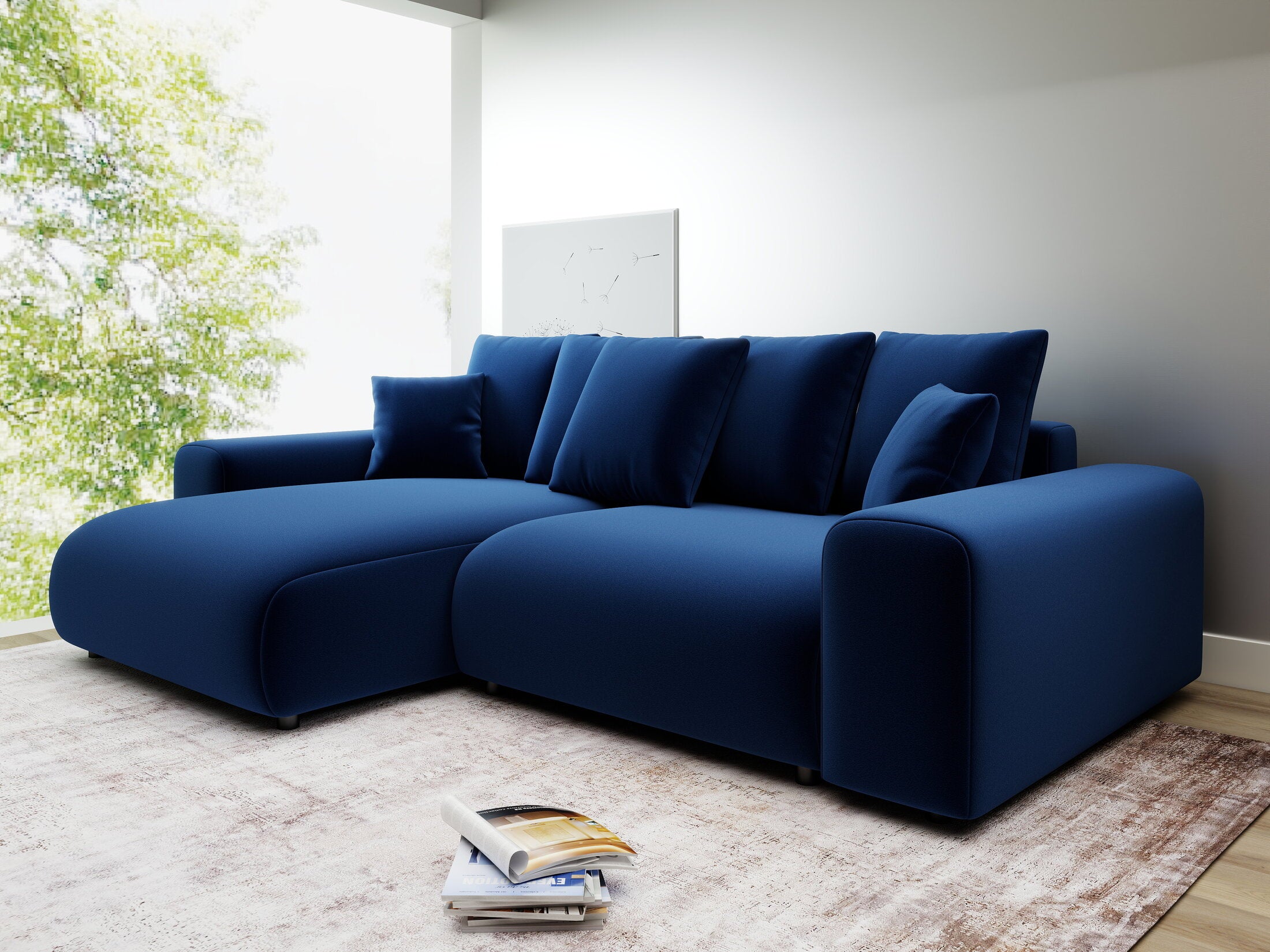 Colțar extensibil dumonde cu ladă de depozitare și șezut confortabil din spumă HR, Luma Royal Albastru Navy 255x168 cm