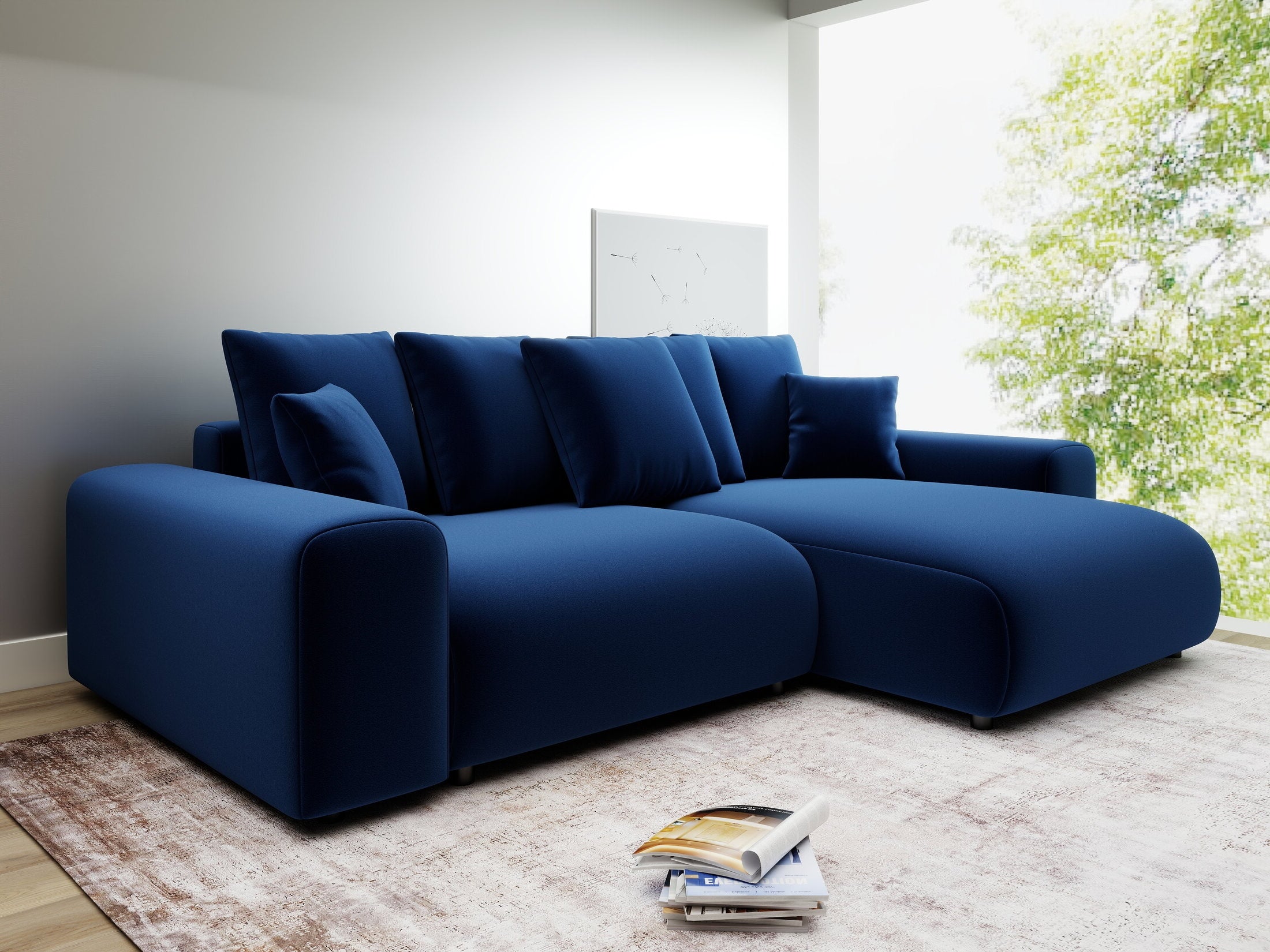 Colțar extensibil dumonde cu ladă de depozitare și șezut confortabil din spumă HR, Luma Royal Albastru Navy 255x168 cm II