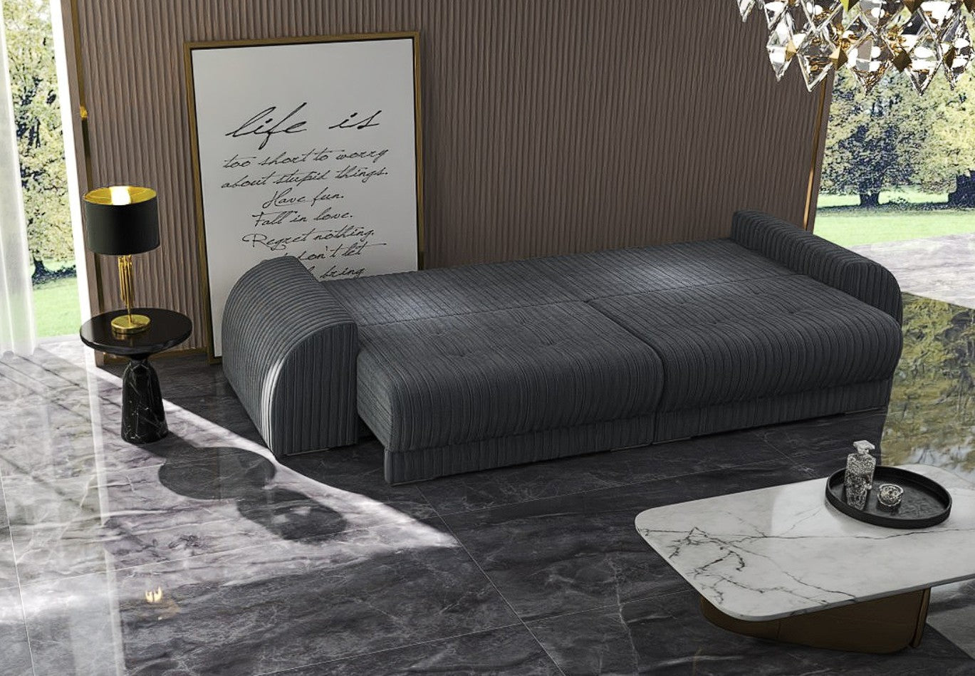 Canapea extensibilă dumonde cu 2 lăzi de depozitare si sezut confortabil din spuma HR, Verona Ambience Grey 310x100 cm Fabrica