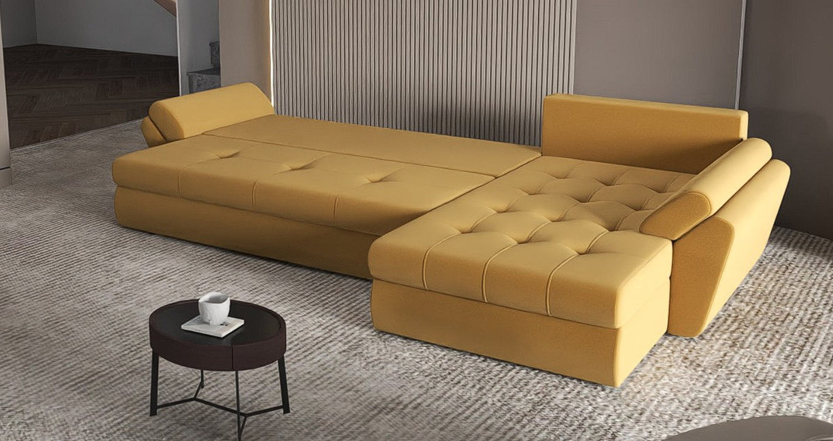 Colțar extensibil dumonde cu ladă de depozitare si sezut confortabil din spuma HR, Loana XL Royal Mustar 335x185 cm Fabrica