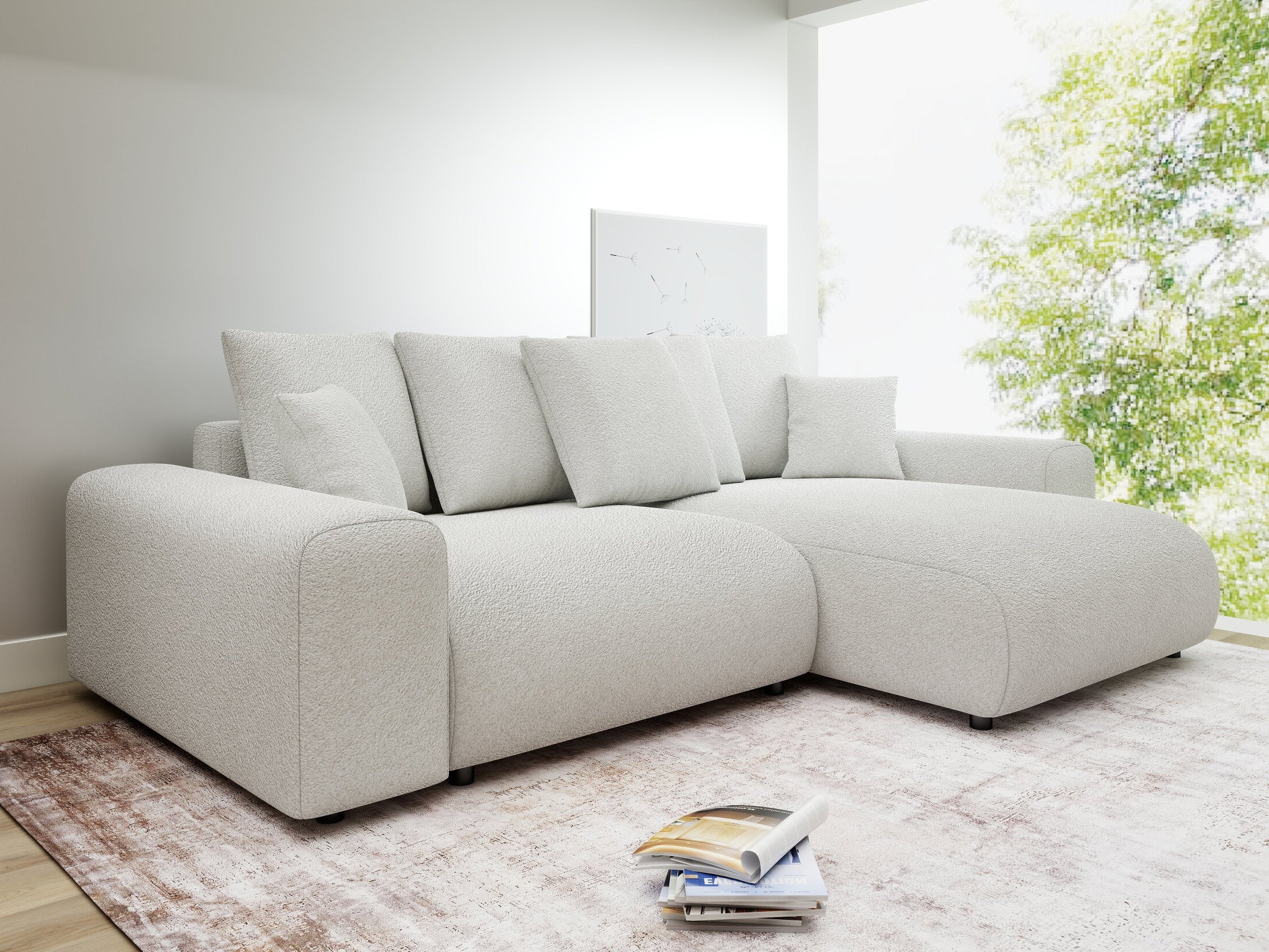 Colțar extensibil dumonde cu ladă de depozitare și șezut confortabil din spumă HR, Luma Euphoria Alb 255x168 cm II