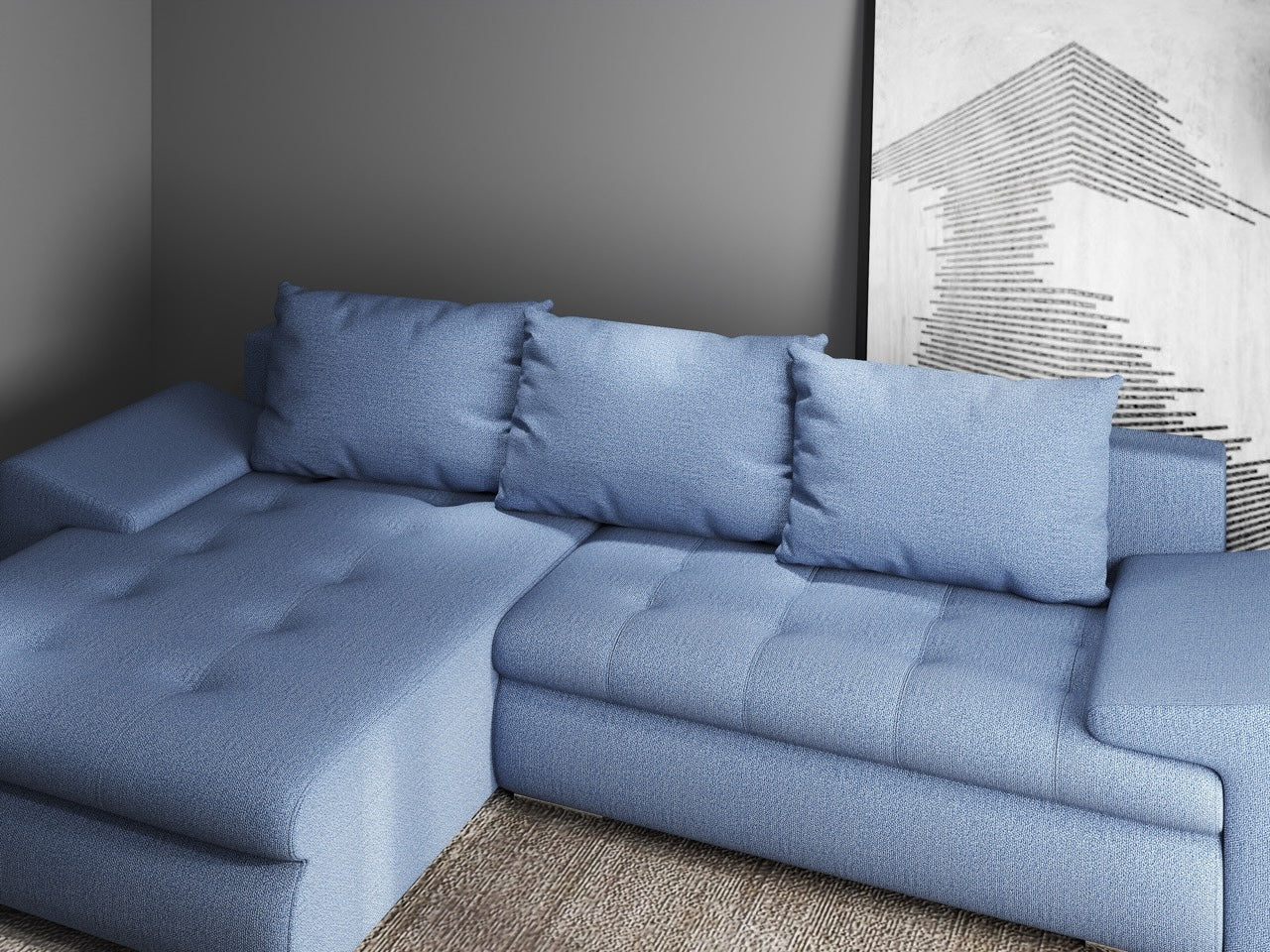 Colțar extensibil dumonde cu ladă de depozitare si sezut confortabil din spuma HR, Leonardo Enjoy Albastru 255x193 cm Fabrica
