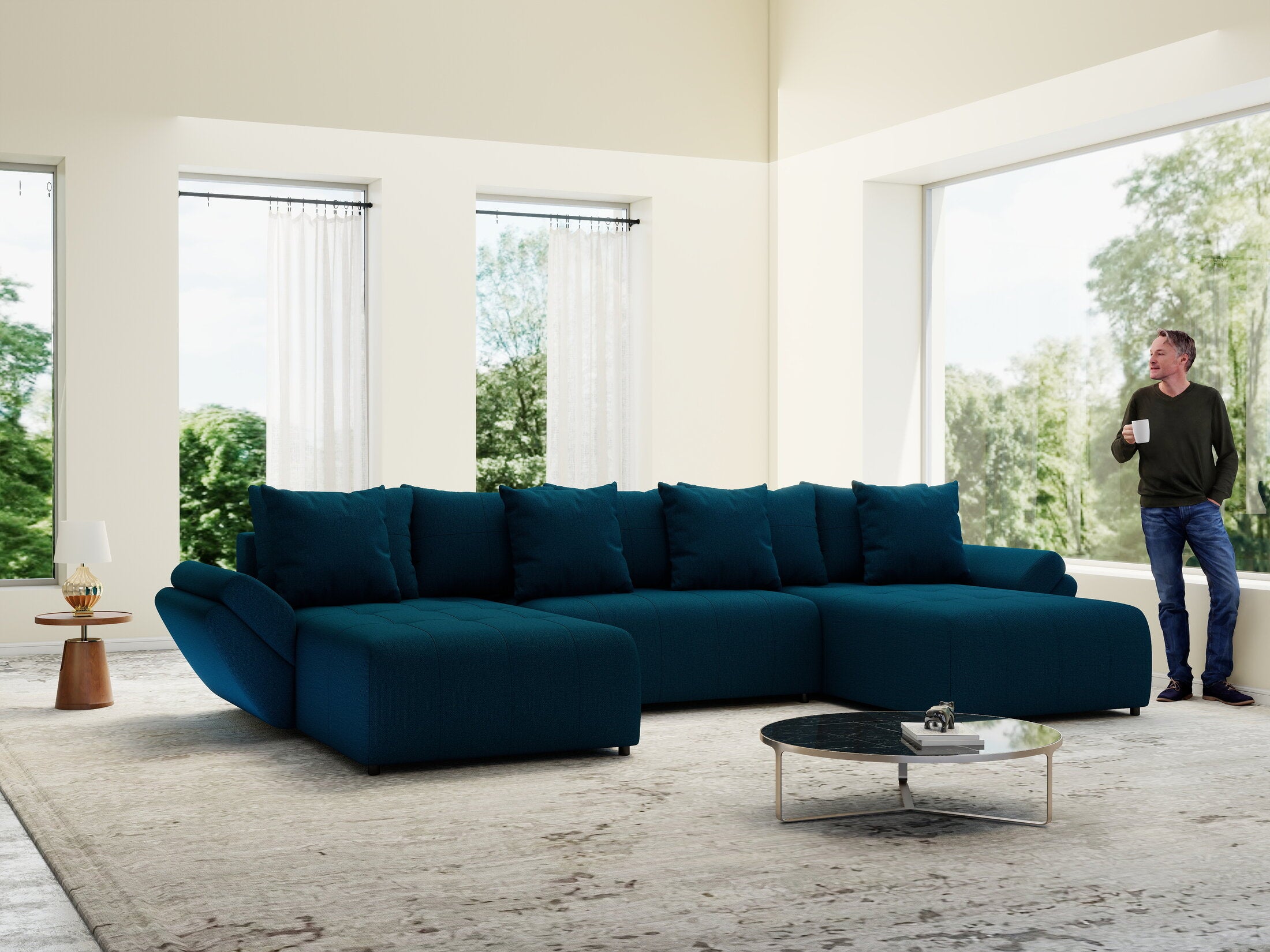 Colțar extensibil dumonde cu ladă de depozitare si sezut confortabil din spuma HR, Berlin U Enjoy Verde Petrol 380x180 cm