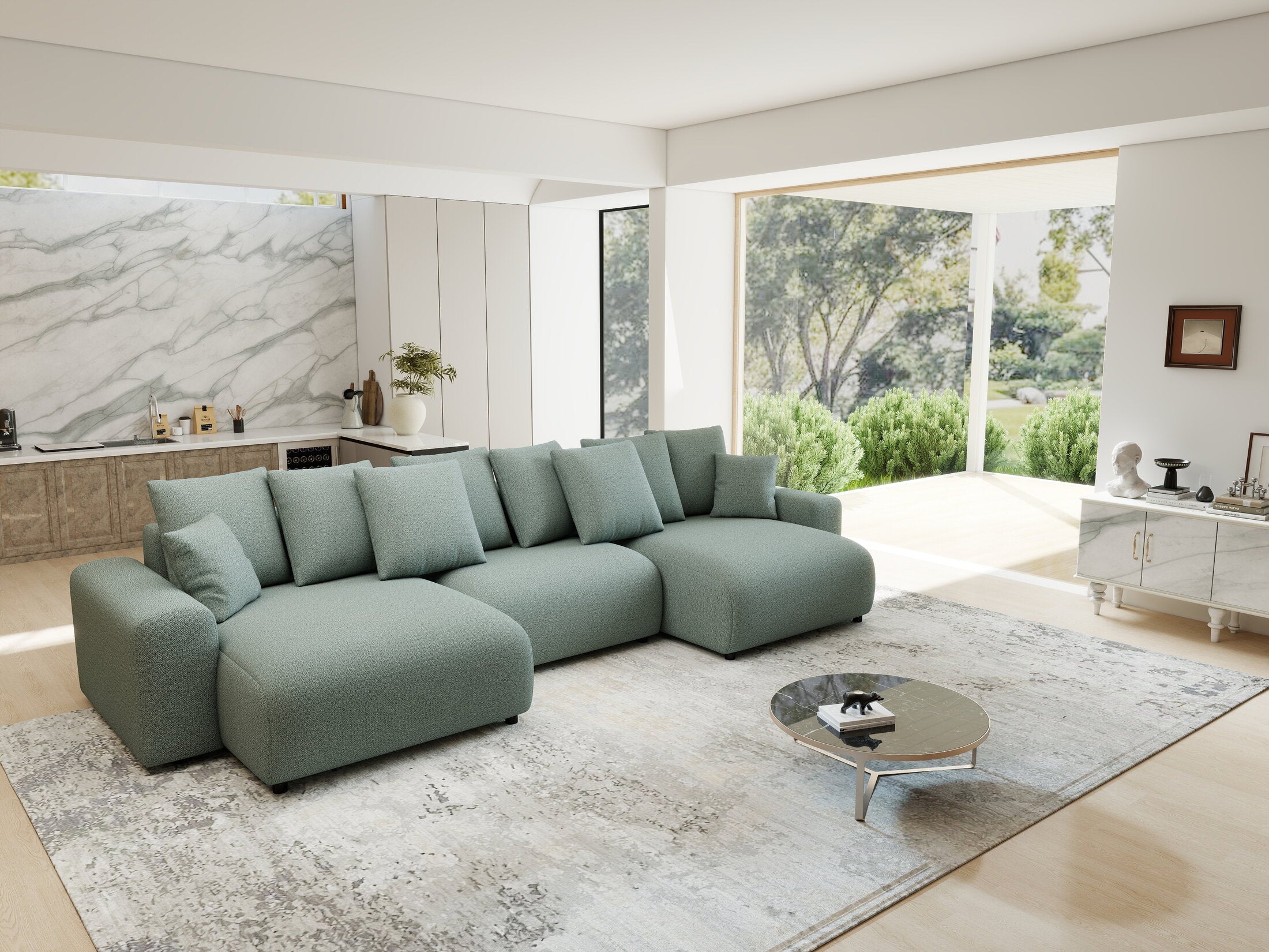 Colțar extensibil dumonde cu ladă de depozitare si sezut confortabil din spuma HR, Luma U Enjoy Verde Mint 336x140 cm