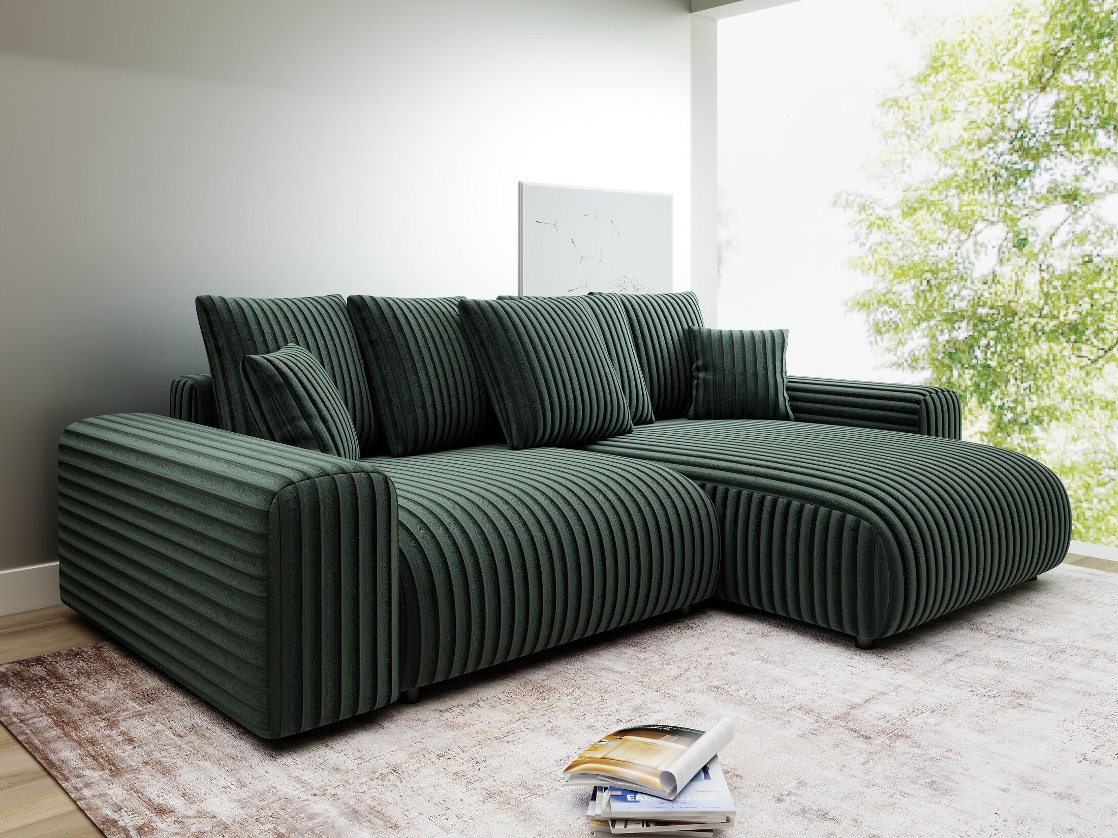 Colțar extensibil dumonde cu ladă de depozitare și șezut confortabil din spumă HR, Luma Ambience Verde 255x168 cm II