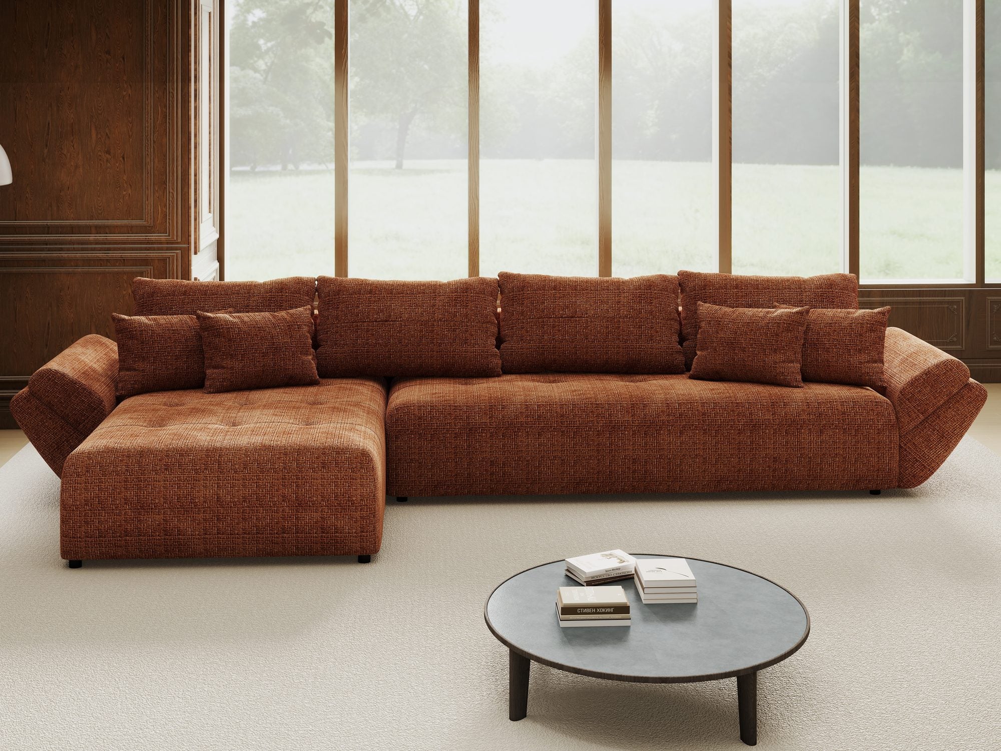 Colțar extensibil dumonde cu ladă de depozitare si sezut confortabil din spuma high-density, Berlin XL Cremona Teracota 52 350x185 cm