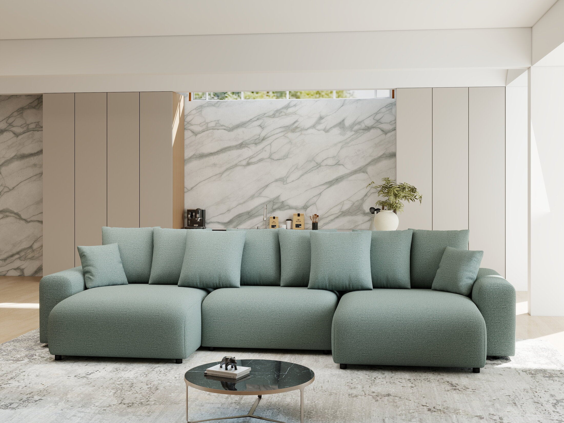 Colțar extensibil dumonde cu ladă de depozitare si sezut confortabil din spuma HR, Luma U Enjoy Verde Mint 336x140 cm