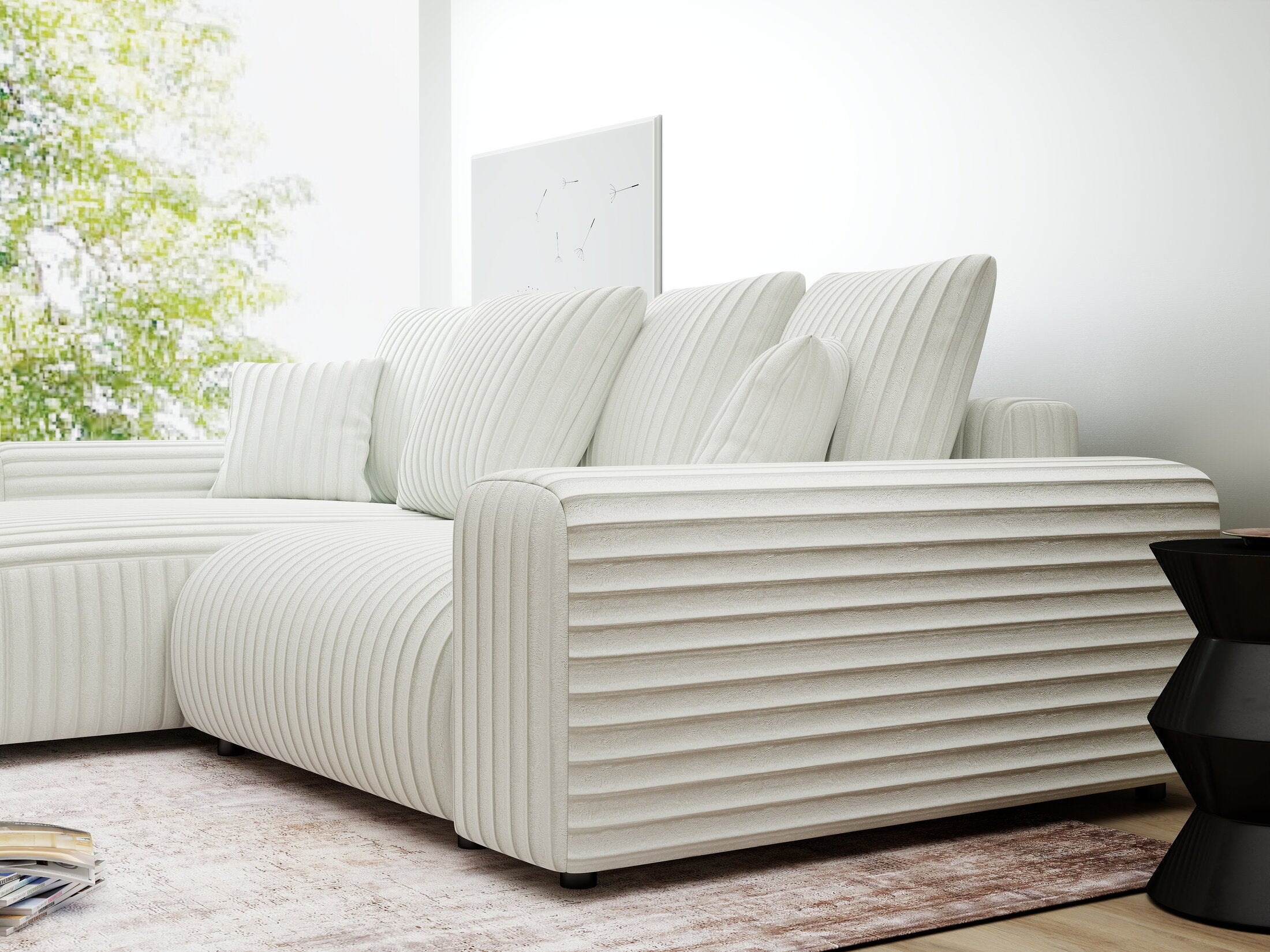 Colțar extensibil dumonde cu ladă de depozitare și șezut confortabil din spumă HR, Luma Ambience Alb 255x168 cm