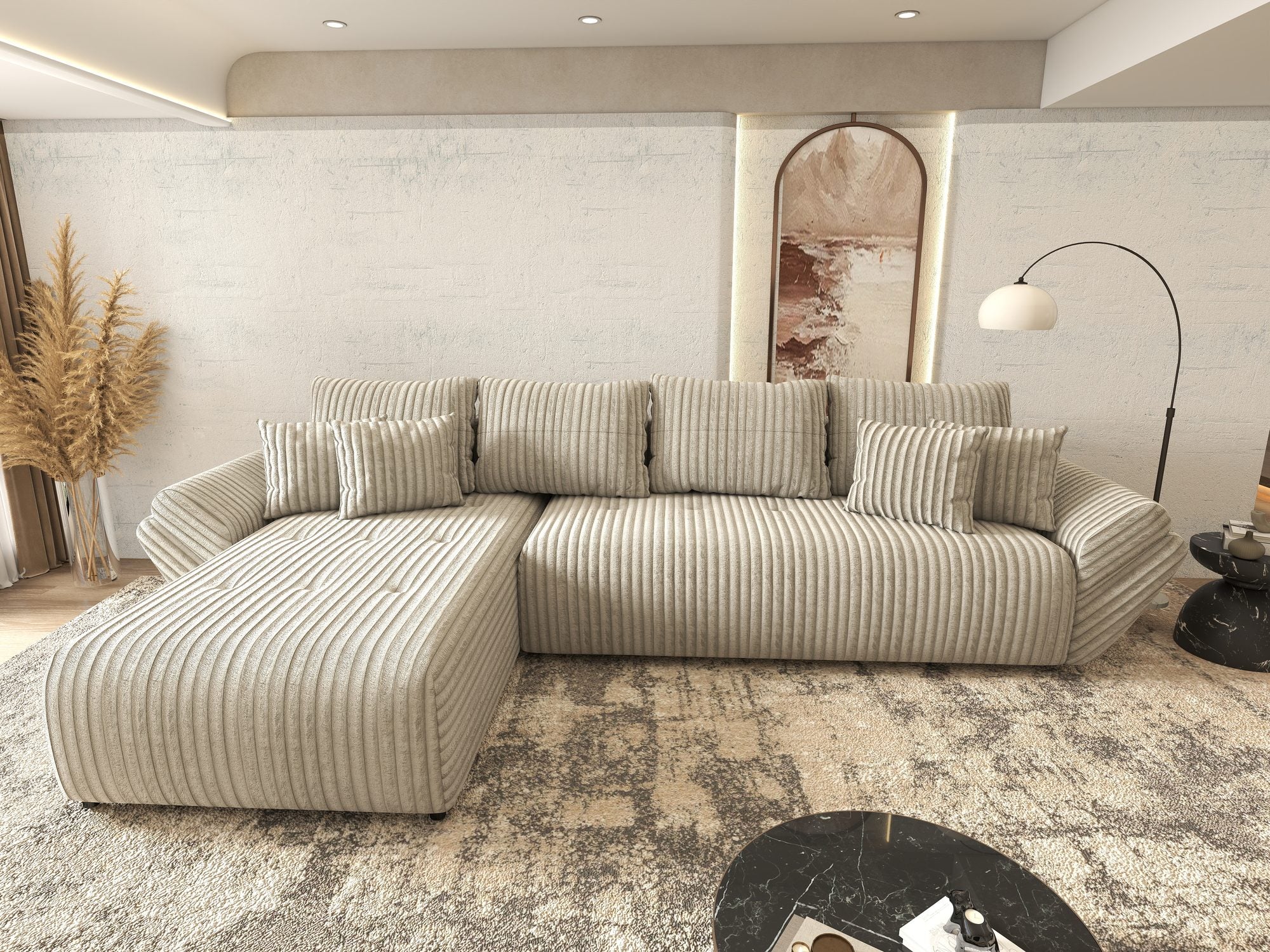 Colțar extensibil dumonde cu ladă de depozitare si sezut confortabil din spuma high-density, Berlin XL Tilia Gri- Bej 11 350x185 cm