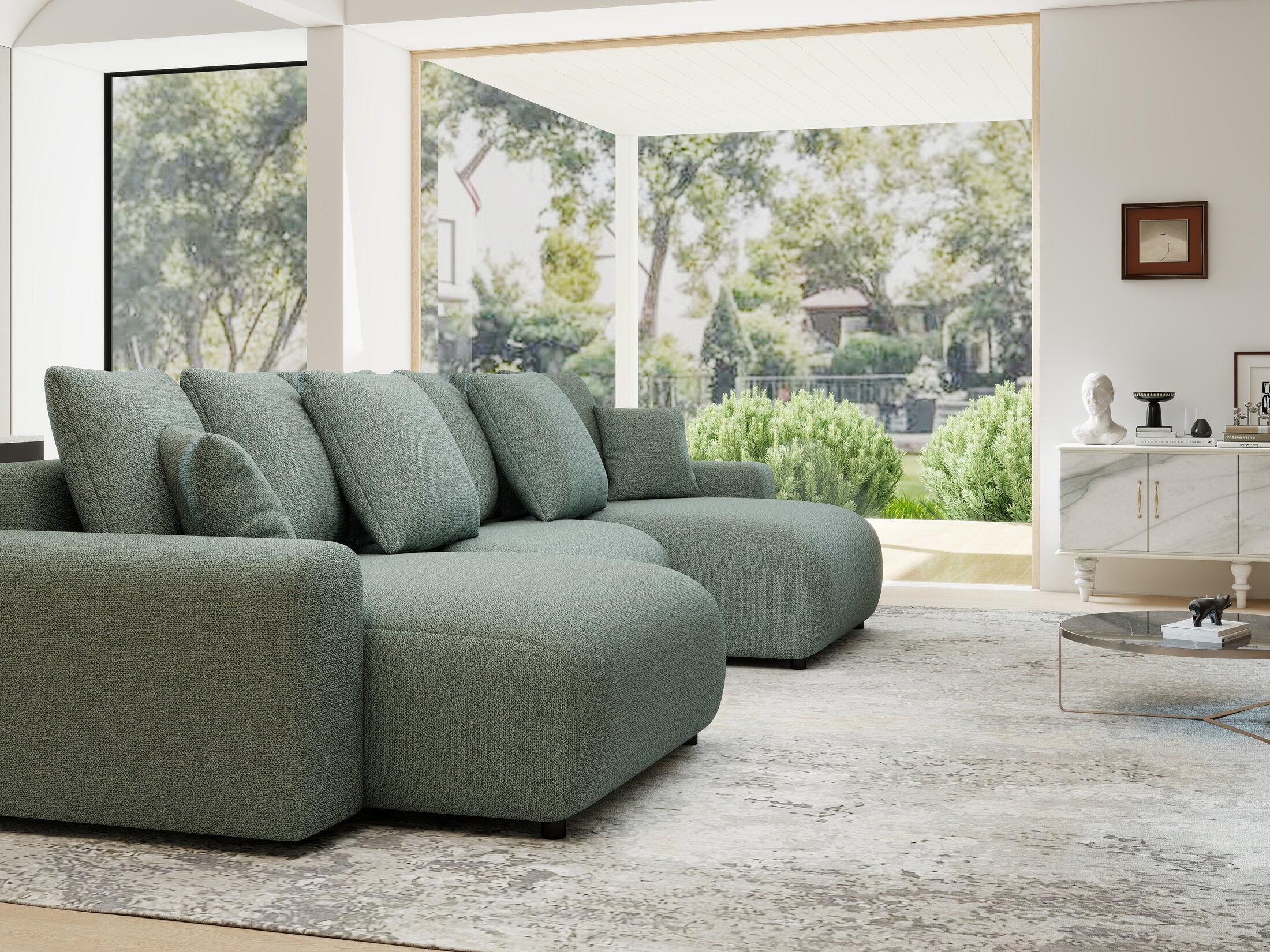 Colțar extensibil dumonde cu ladă de depozitare si sezut confortabil din spuma HR, Luma U Enjoy Verde Mint 336x140 cm