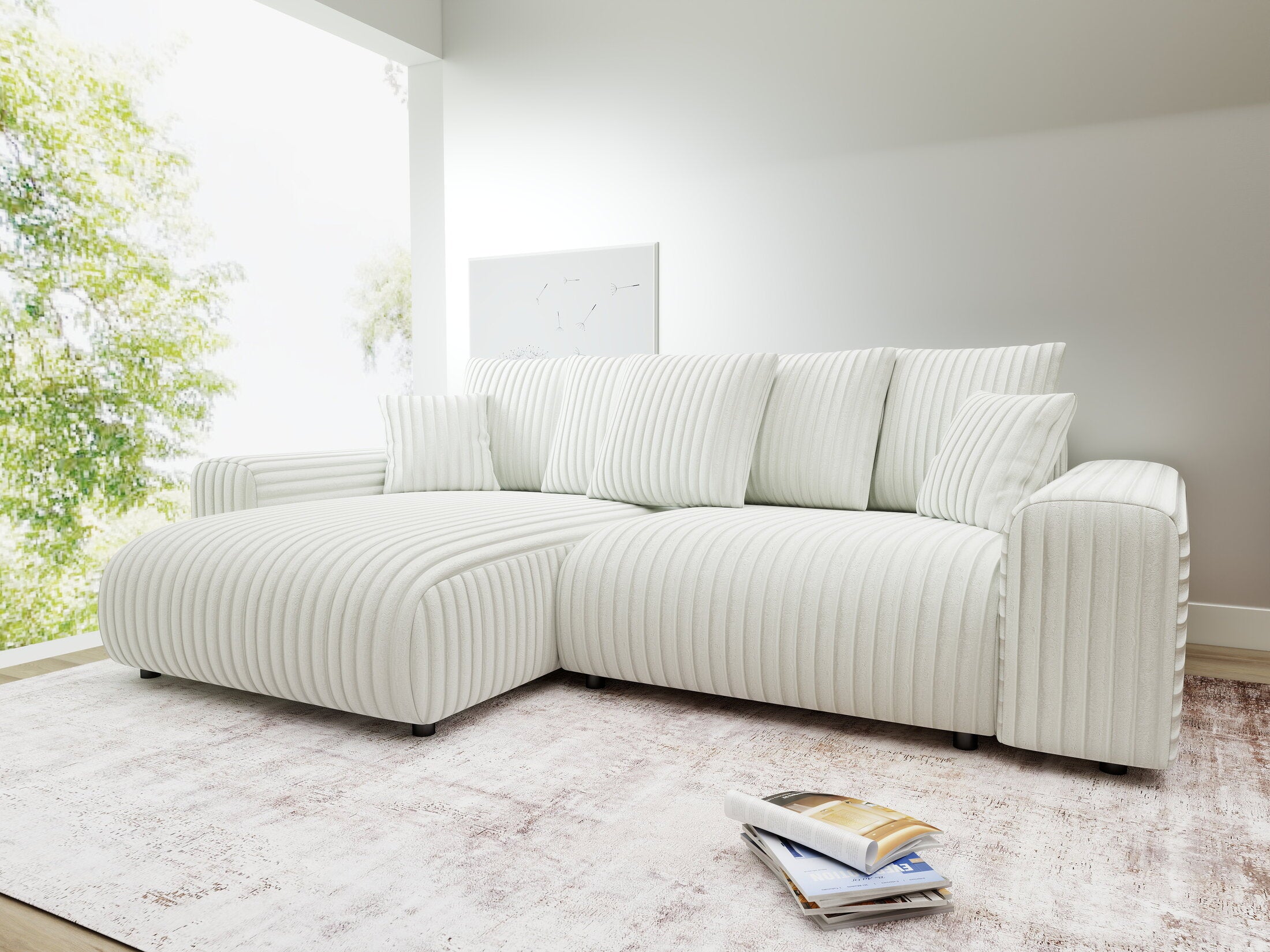 Colțar extensibil dumonde cu ladă de depozitare și șezut confortabil din spumă HR, Luma Ambience Alb 255x168 cm