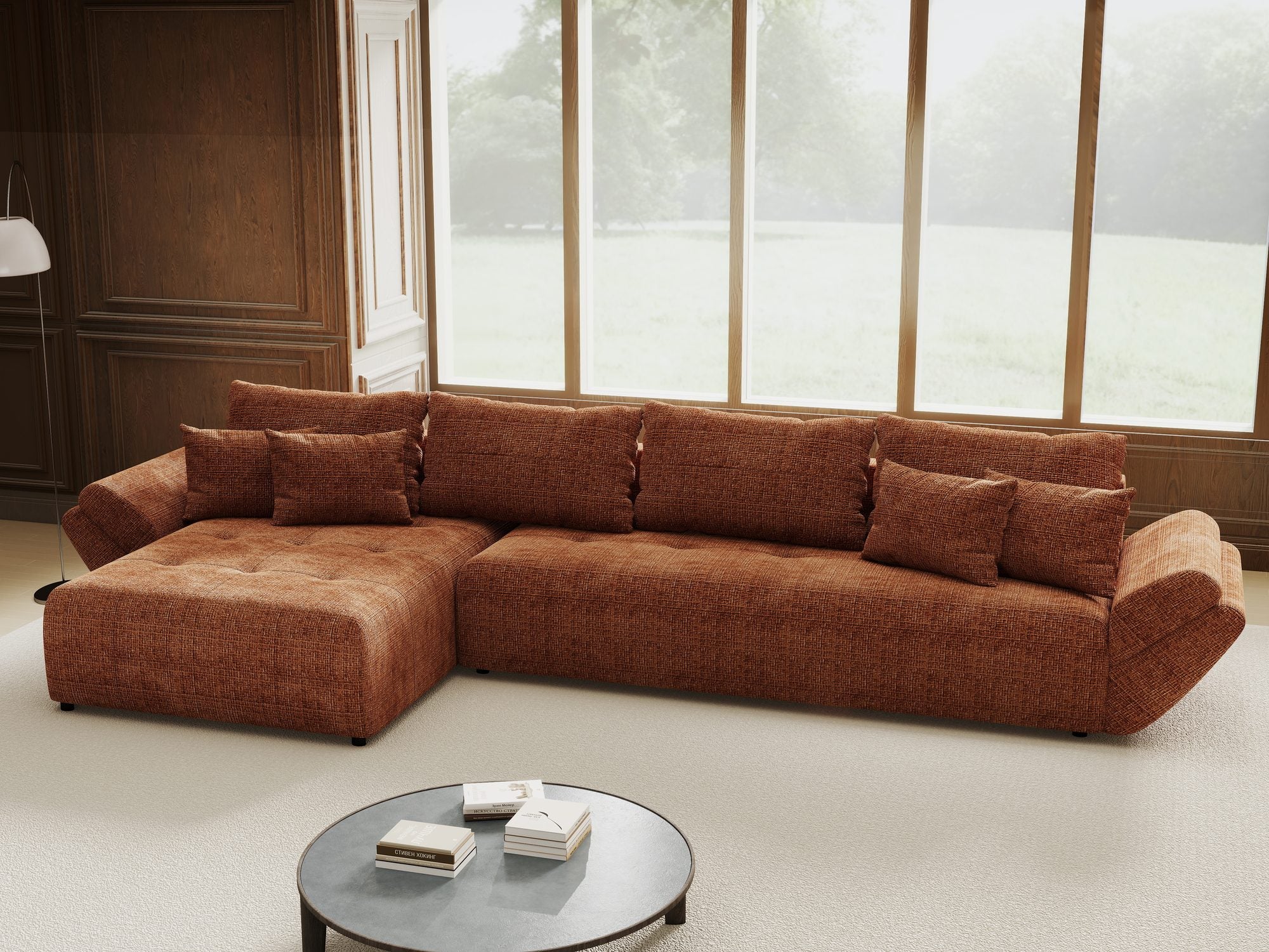 Colțar extensibil dumonde cu ladă de depozitare si sezut confortabil din spuma high-density, Berlin XL Cremona Teracota 52 350x185 cm
