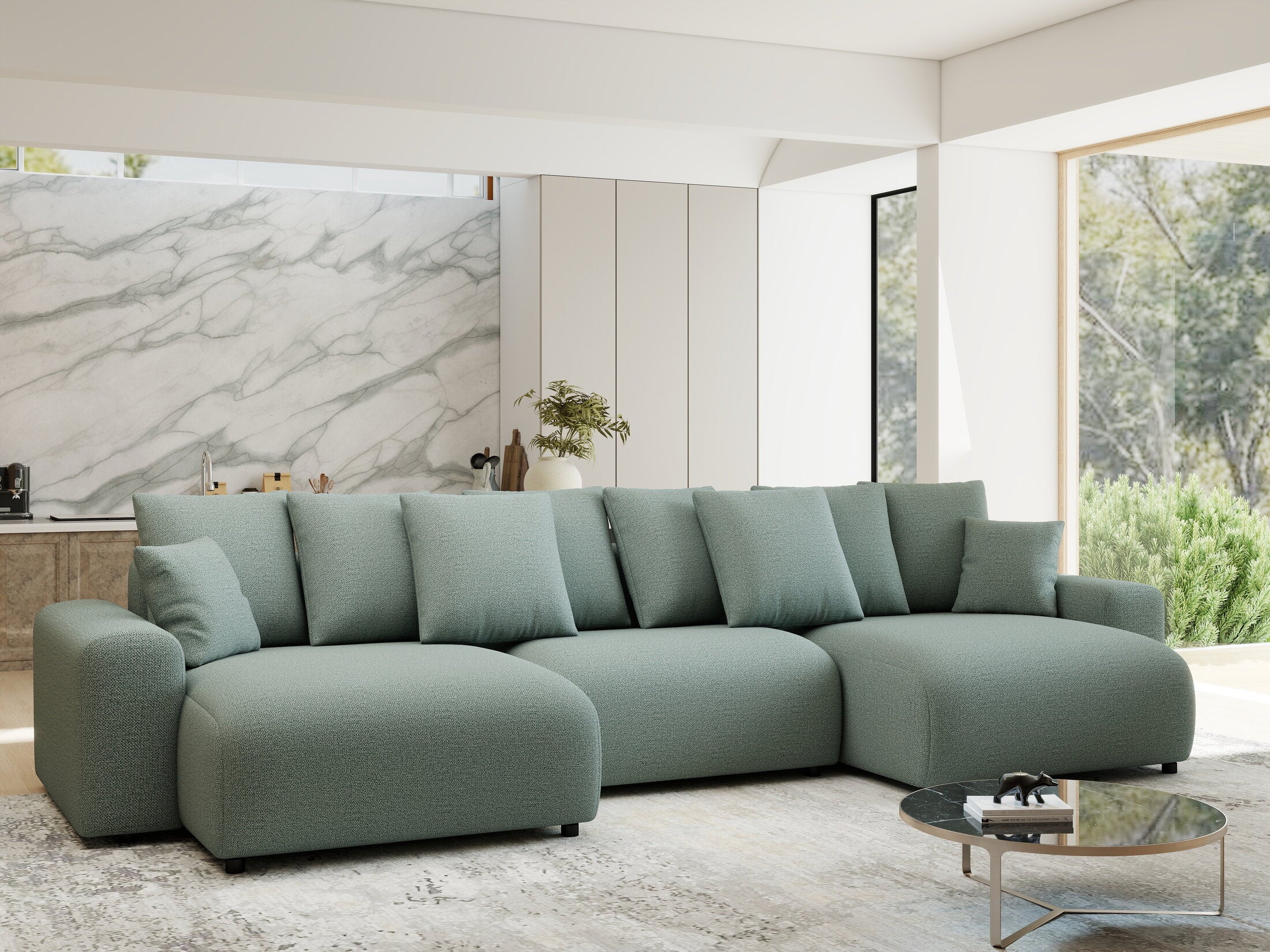 Colțar extensibil dumonde cu ladă de depozitare si sezut confortabil din spuma HR, Luma U Enjoy Verde Mint 336x140 cm