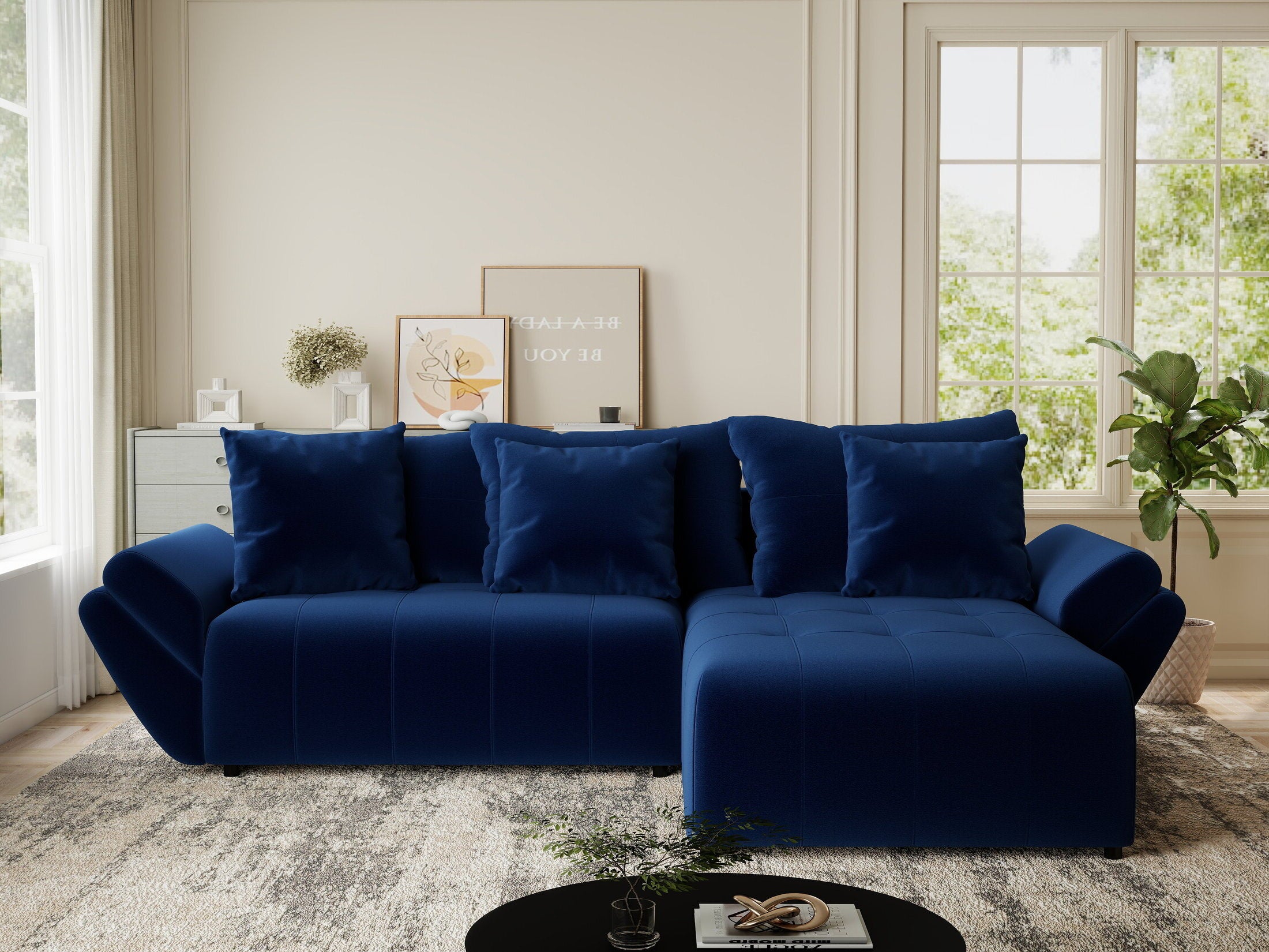 Colțar extensibil dumonde cu ladă de depozitare si sezut confortabil din spuma HR, Berlin Royal Albastru Navy 280x185 cm II